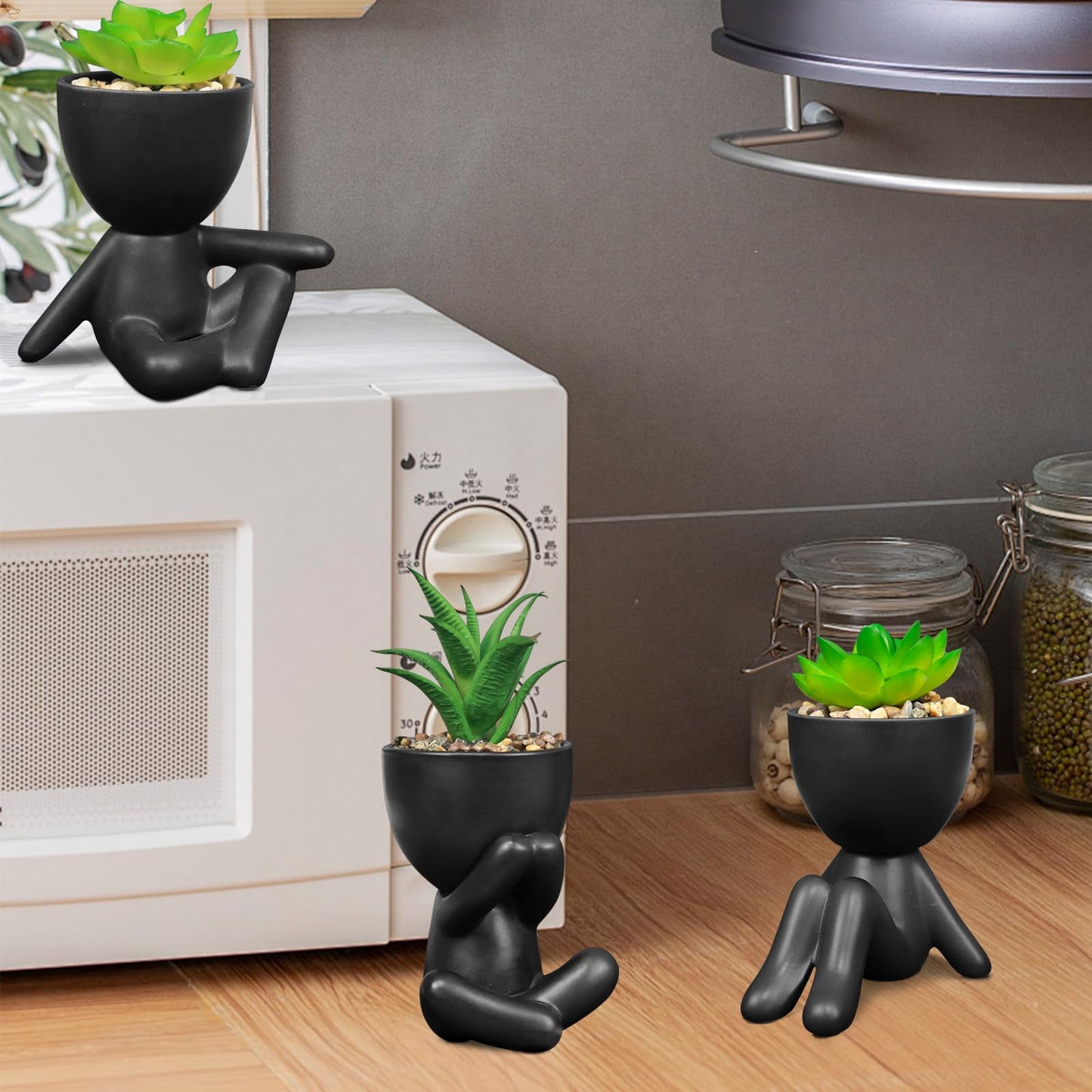SEMSOIIO Pack of 4 Black Cute Fake Plants, Artificial Succulent Plants with Creative Human Shaped Pots,Mini Potted Desk Plants for Office Bathroom Shelf Cubicle Home Decor (Matte Black)