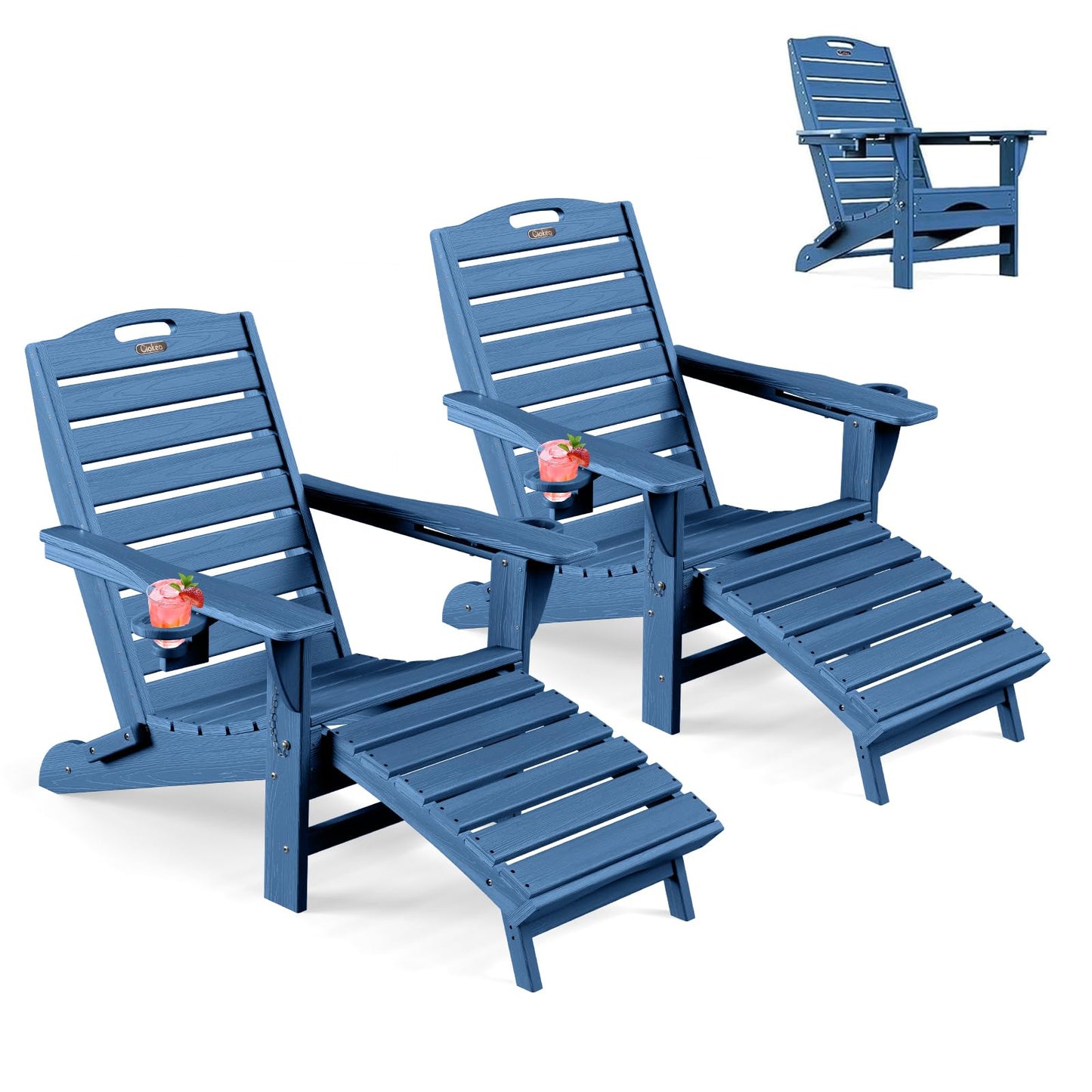 Ciokea Folding Adirondack Chair Set of 2 with Retractable Ottoman Fire Pit Patio Chair with Pull Out Foot Rest Weather Resistant Lawn Outdoor Chair with 2 Cup Holder (Navy Blue)