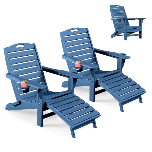 Ciokea Folding Adirondack Chair Set of 2 with Retractable Ottoman Fire Pit Patio Chair with Pull Out Foot Rest Weather Resistant Lawn Outdoor Chair with 2 Cup Holder (Navy Blue)