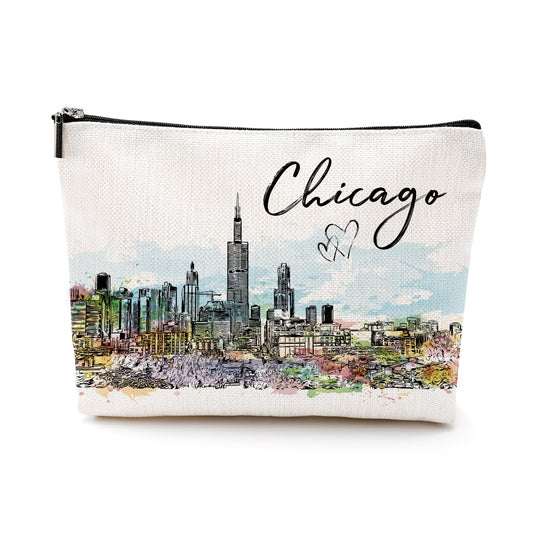 Chicago Souvenirs Travel Essentials Watercolor Chicago City Gifts for Woman, American Souvenirs Gift Makeup Bag for Purse, Travel Essentials Makeup Bags, Birthday Christmas Bachelorette Party Favors
