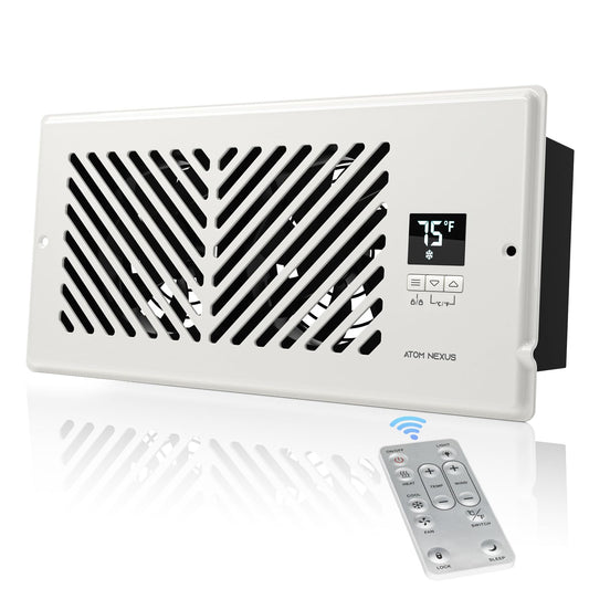 ATOM NEXUS Quiet Register Booster Fan Fits 4”x10” Register Holes, Smart Vent Booster Fan with Thermostat & Remote Control, 10-Speed Control Heating Cooling AC Vent (White)