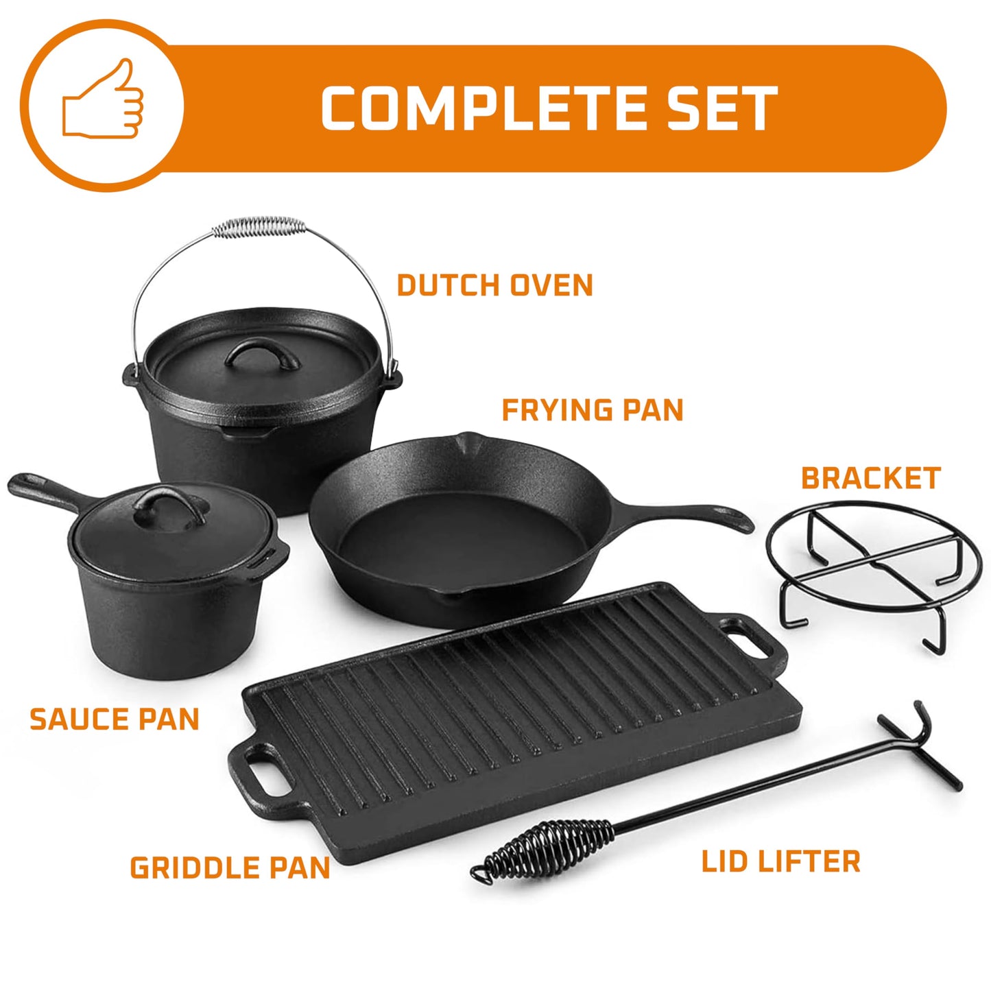 Bruntmor Camping Cooking Set of 7. Pre Seasoned Cast Iron Pots and Pans Dutch Oven with Lids for Outdoor Comefire. Grill Cookware Skillet Sets with Storage Box