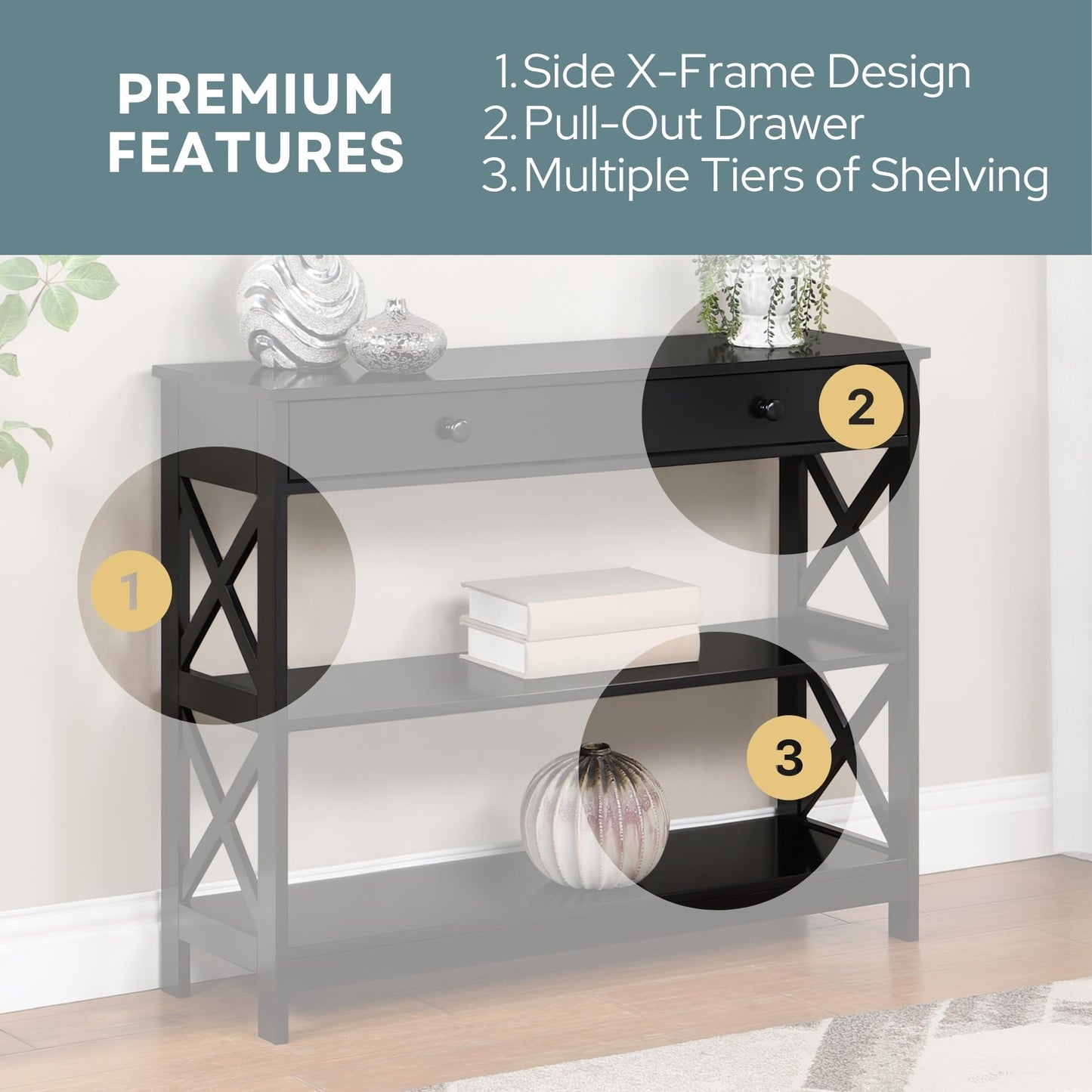 Convenience Concepts Oxford 1-Drawer Console Table 39.5" - Farmhouse Sofa Display with Storage Shelf For Living, Family, & Dining Room, Modern Entryway Hall Table for Kitchen, Bedroom, Black