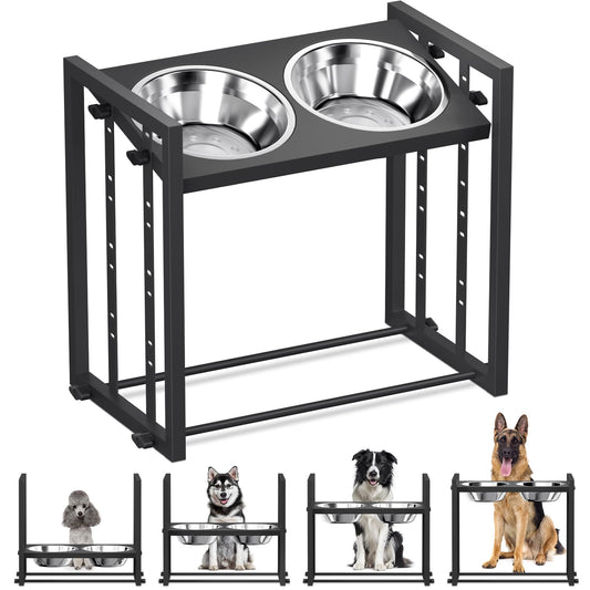 Elevated Metal Dog Bowls for Medium Breed: 4 Height-Adjustable Raised Dog Bowl Feeder Station with 2 Stainless Steel Bowls, Black