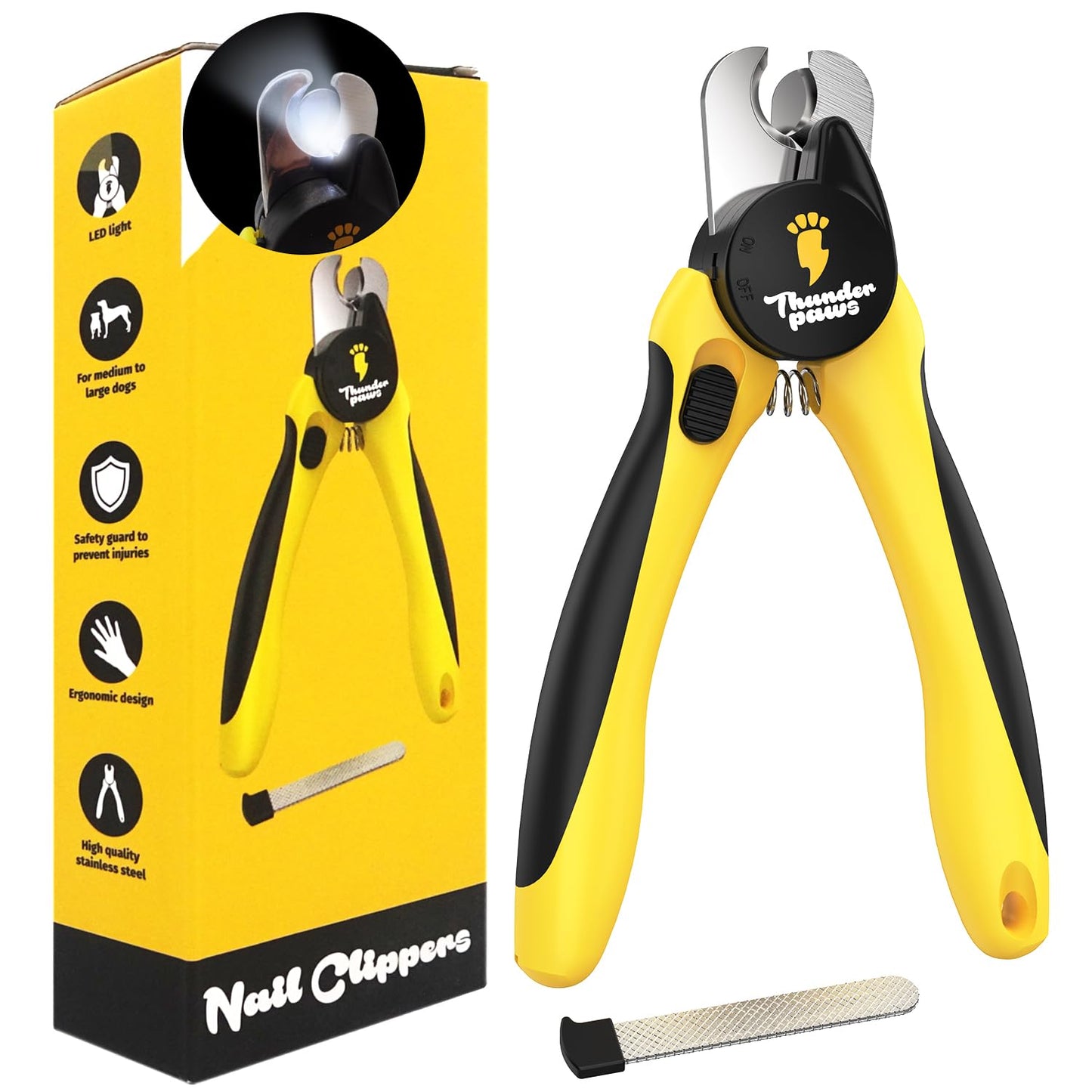 Thunderpaws LED Dog Nail Clippers with Light, Trimmers with Protective Guard, Quick Sensor, Safety Lock and Nail File - Suitable for Large and Small Dogs & Cats (Yellow, LED)