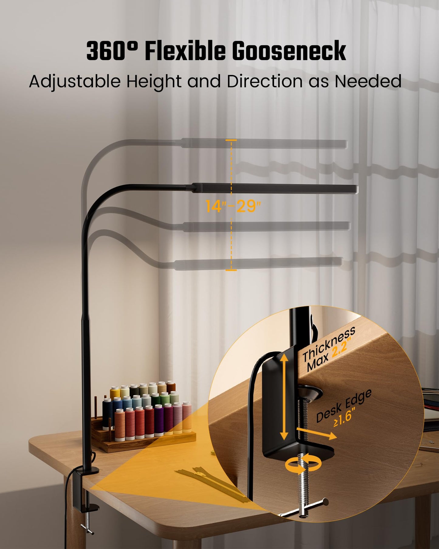 SUPERDANNY Eye-Caring LED Desk Lamp 360° Flexible Gooseneck Work Lamp with Desk Side Clamp Touch Control 3 Light Colors Smooth Dimming Task Lighting Reading Light for Home Office College Dorm, Black