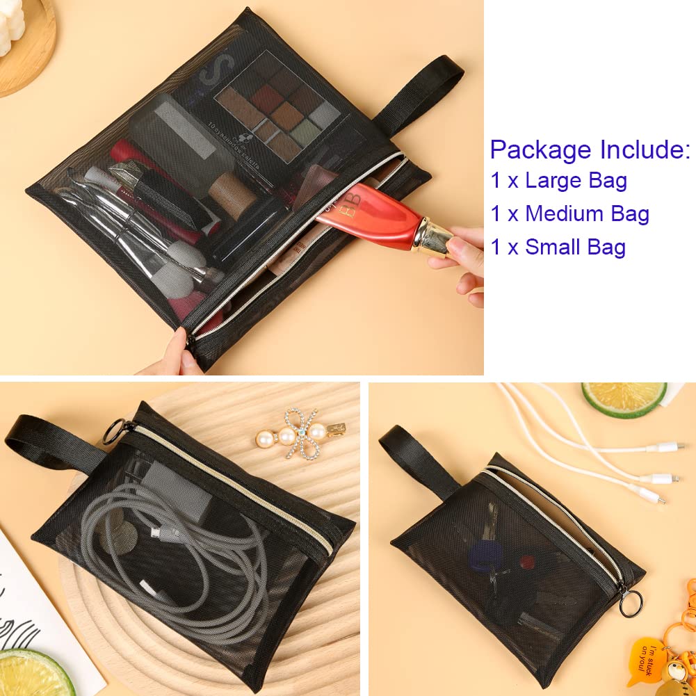 Mesh Cosmetic Bags with Zipper and Handle, Breathable Organization Pouch Pocket for Travel Purse Makeup Toiletry Office Home to Storage Items, 3pcs Black Assorted Sizes 9x8 8x6 6x4 inch