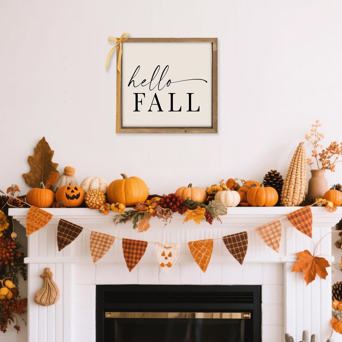 pechpell Wooden Hello Fall Sign, 11.8 Inch Autumn Decorative Signage Plaques Decor, Indoor Wall Art Framed Table Shelf Desk Rustic Farmhouse Decorations for Home Office