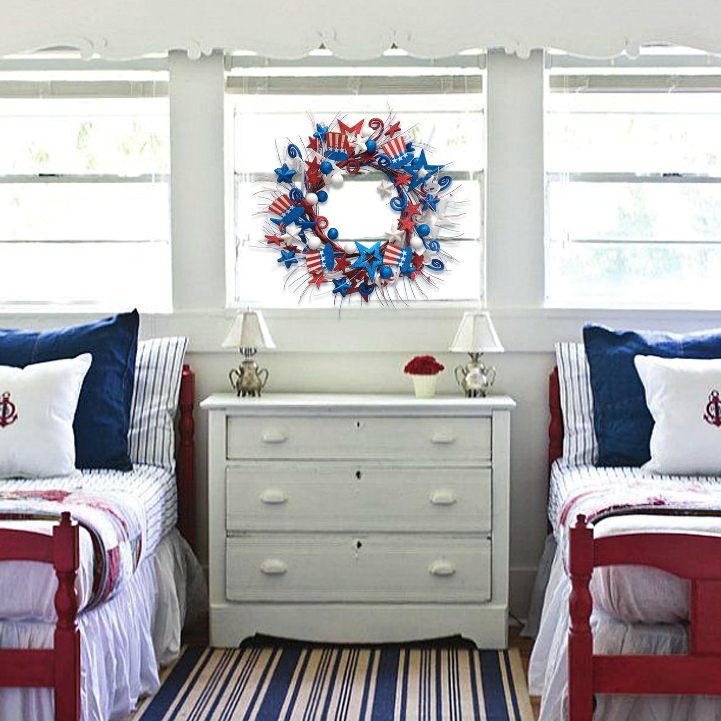 Bibelot 20in Red White Blue Artificial Floral Twig Wreaths American Flag Wreath Patriotic Decorations Wreaths 4th of July Independence Day Flag Day Hanging Decoration