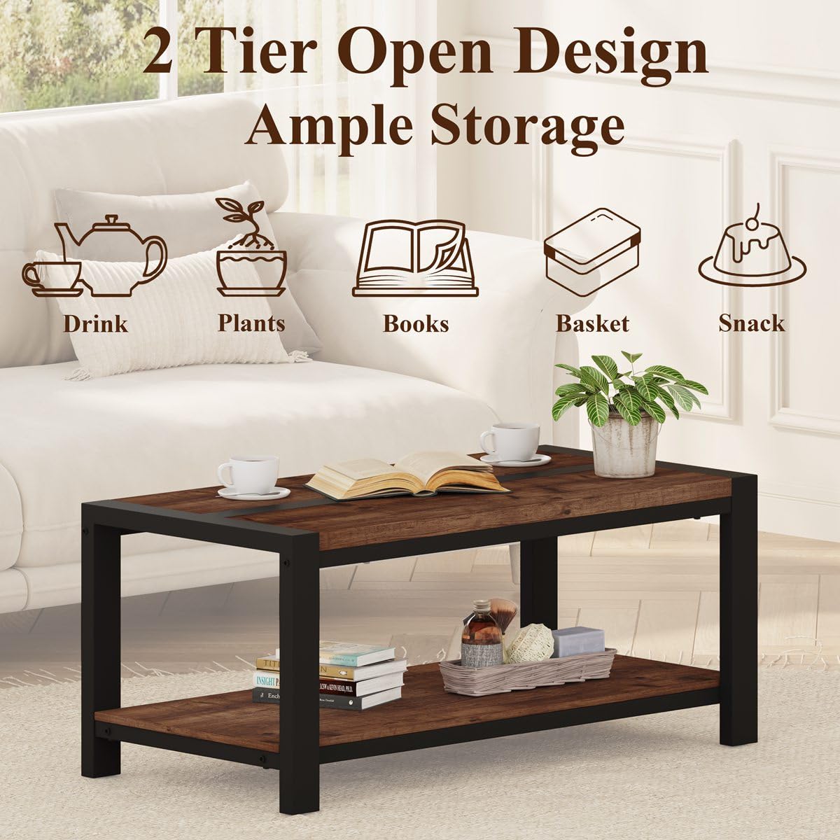 BON AUGURE Coffee Table for Living Room, Industrial Wood and Metal Living Room Tables, Farmhouse Rectangular Center Table (Rustic Oak, 43 Inch)