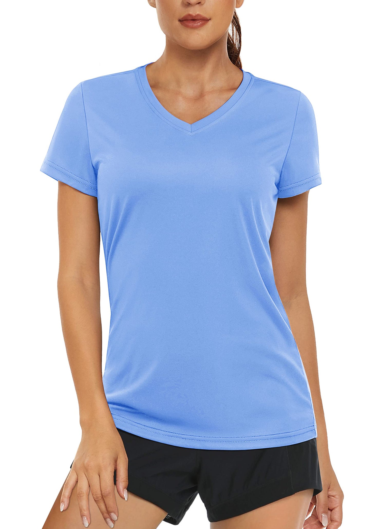 MAGCOMSEN Rash Guard for Women Short Sleeve V Neck Shirts Women Running Shirts for Women Dry Fit Workout Shirts Light Blue S