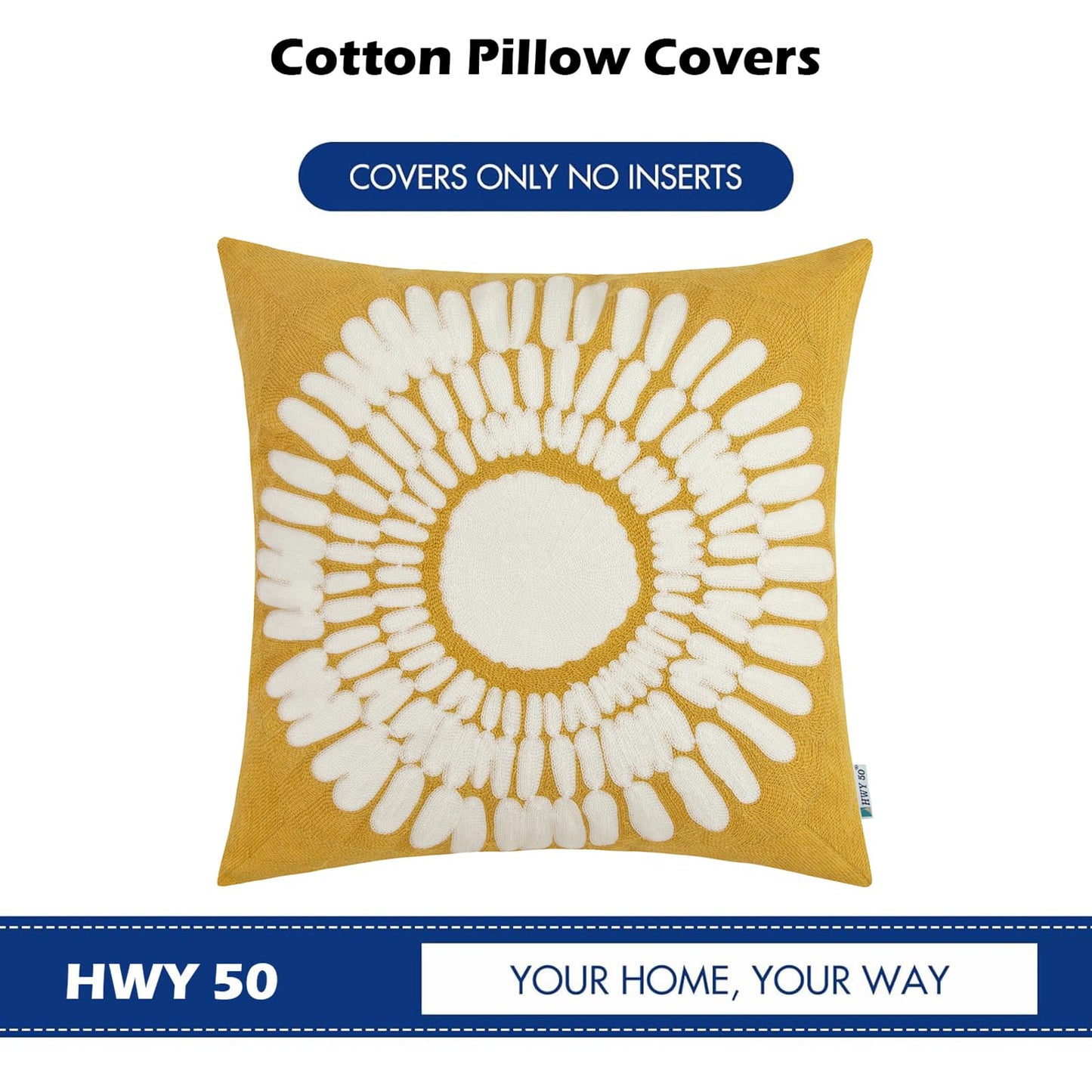 HWY 50 Mustard Yellow Decorative Throw Pillow Covers 18x18 Inch (1 Piece), Embroidered Cotton Modern Farmhouse Cushion Cover Pillow Case for Sofa Couch Living Room Bed, Sunflower
