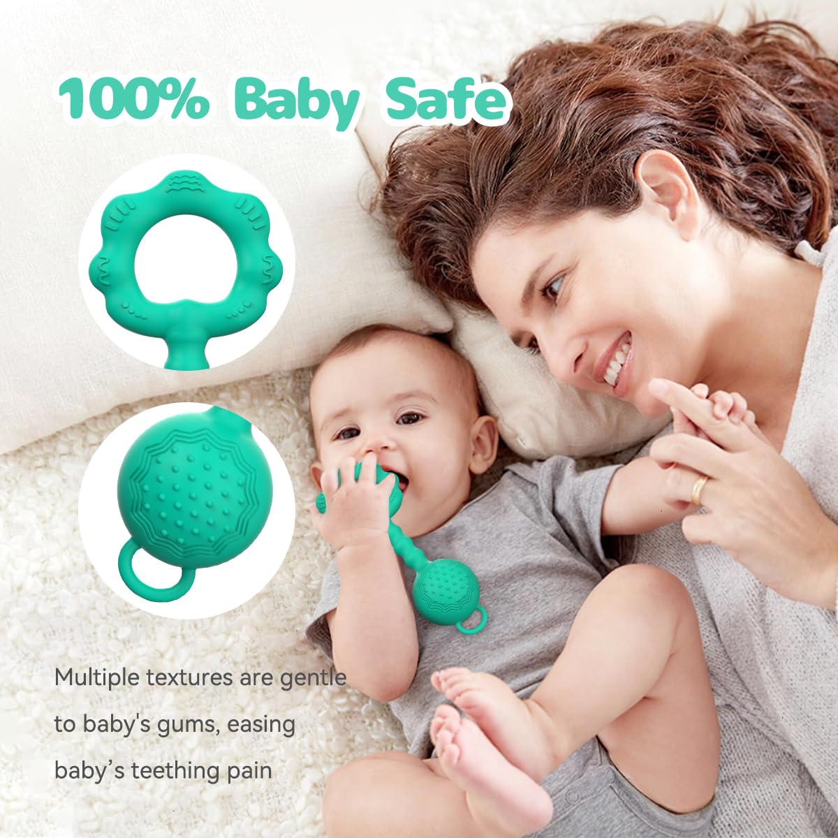 Teething Toys for Babies 0-6 Months, Baby Rattles 6 to 12 Months, 2-in-1 Rattle and Teether Toy for Soothing Sore Gums and Keeps Little Ones Entertained, Food Grade Silicone, Spearmint
