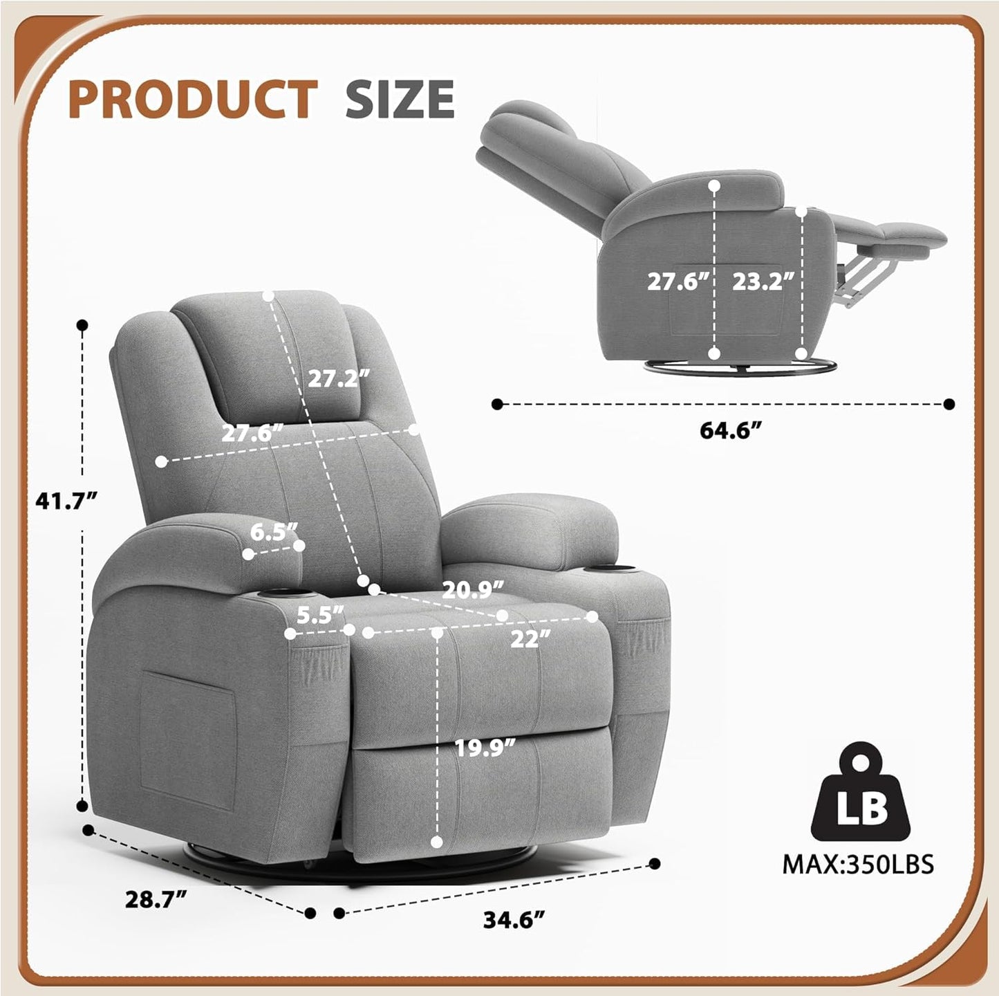 Flamaker Swivel Rocker Recliner Chair with Vibration Massage, 360° Swivel Recliner Chairs for Adults Ergonomic Lounge Chair with Cup Holders Lazy Boy Recliner Single Sofa Seat (Fabric, Gray)