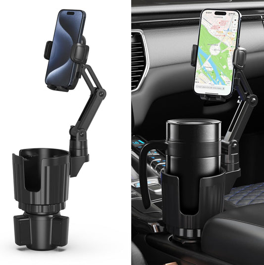 Cup Holder Phone Mount, 2 in 1 Universal Cup Holder Expander Adjustable Base with Phone Mount, Long Arm with 360°Rotation Phone Cup Holder for Car Compatible with All Smartphones