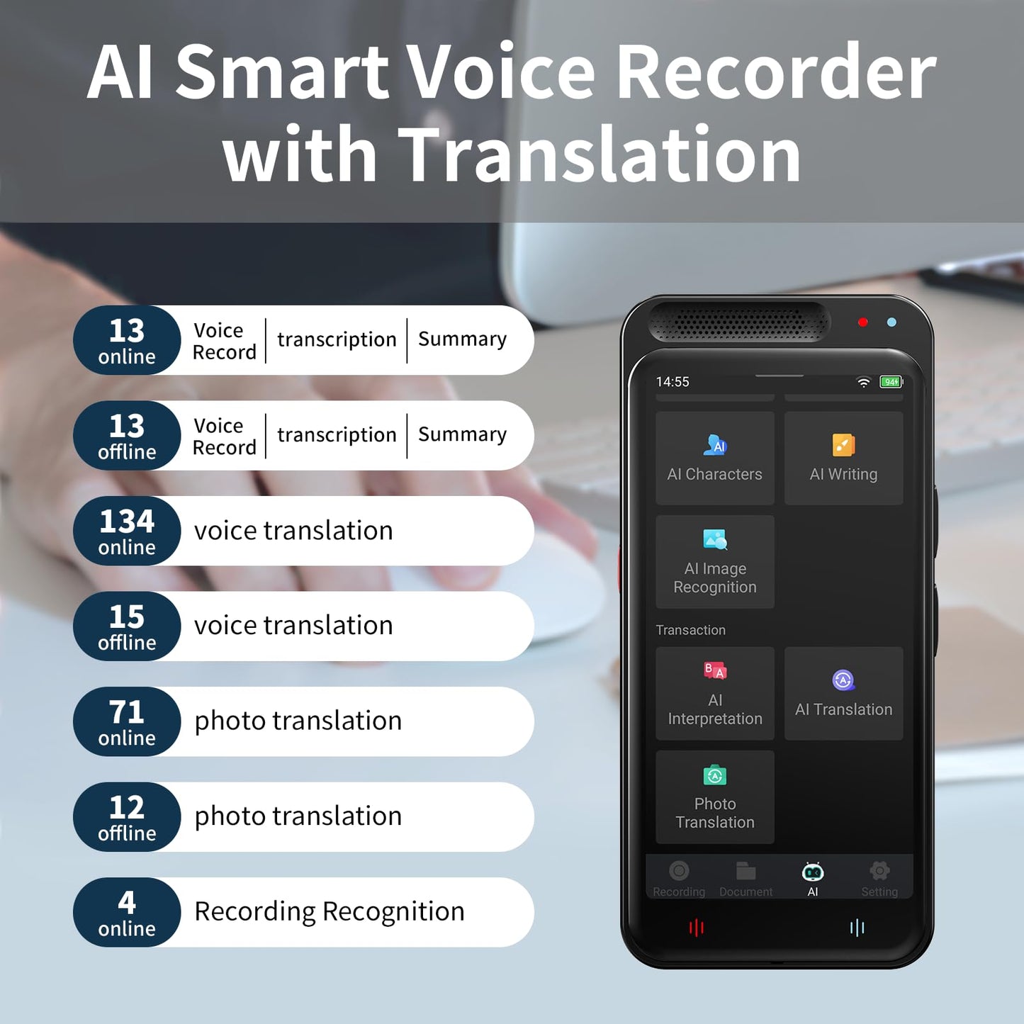 AI Voice Recorder with Playback, Digital Voice Recorder with AI Transcription, Summary, Translation, Full Touch Screen Recorder with 64GB, Audio Recorder Device for Meetings, Lectures, Interviews