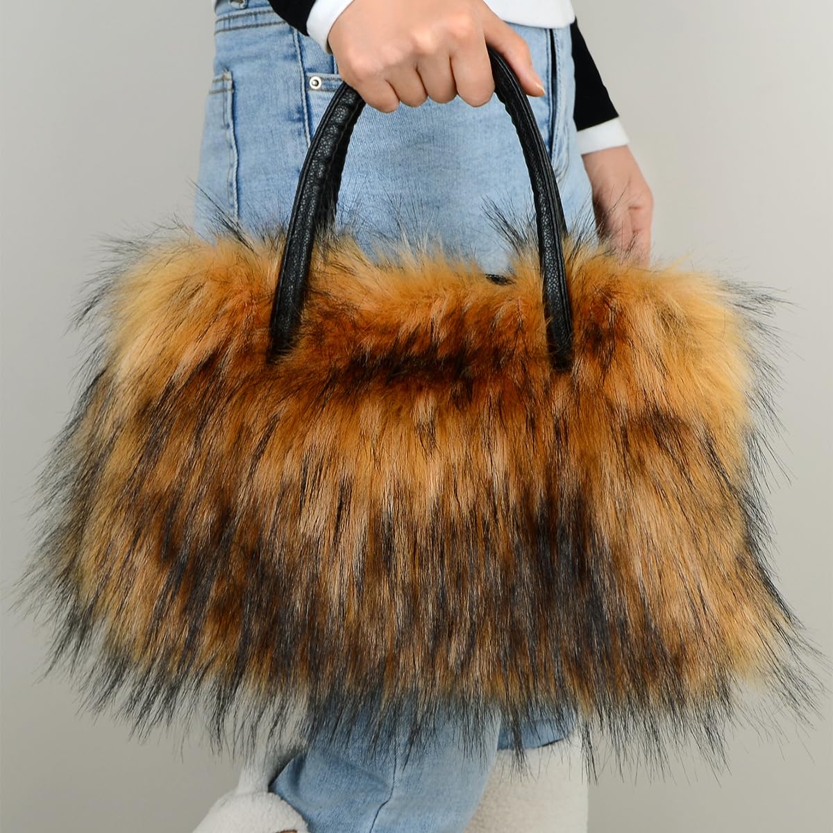 Women's Furry Shoulder Handbags Faux Fur Work Tote Bag for Women Fluffy Satchel Handbags Wristlet Zipper Purses