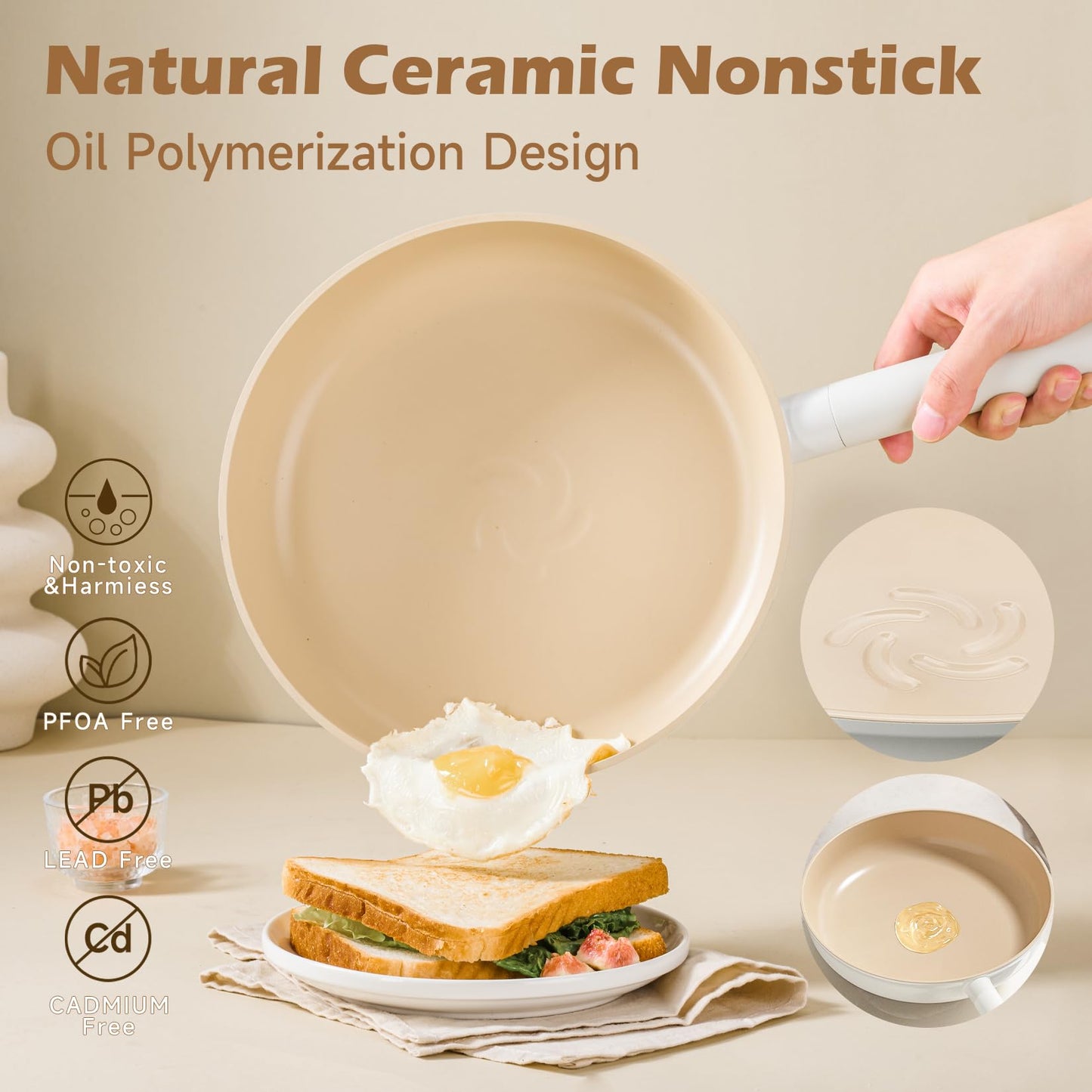 JEETEE Ceramic Cookware Sets 17pcs, Pots and Pans Set Non Stick, Healthy Induction Kitchen Cooking Set with Removable Handles, Stackable Pots Pans, Oven Safe, PFOA/PFOS Free, Beige