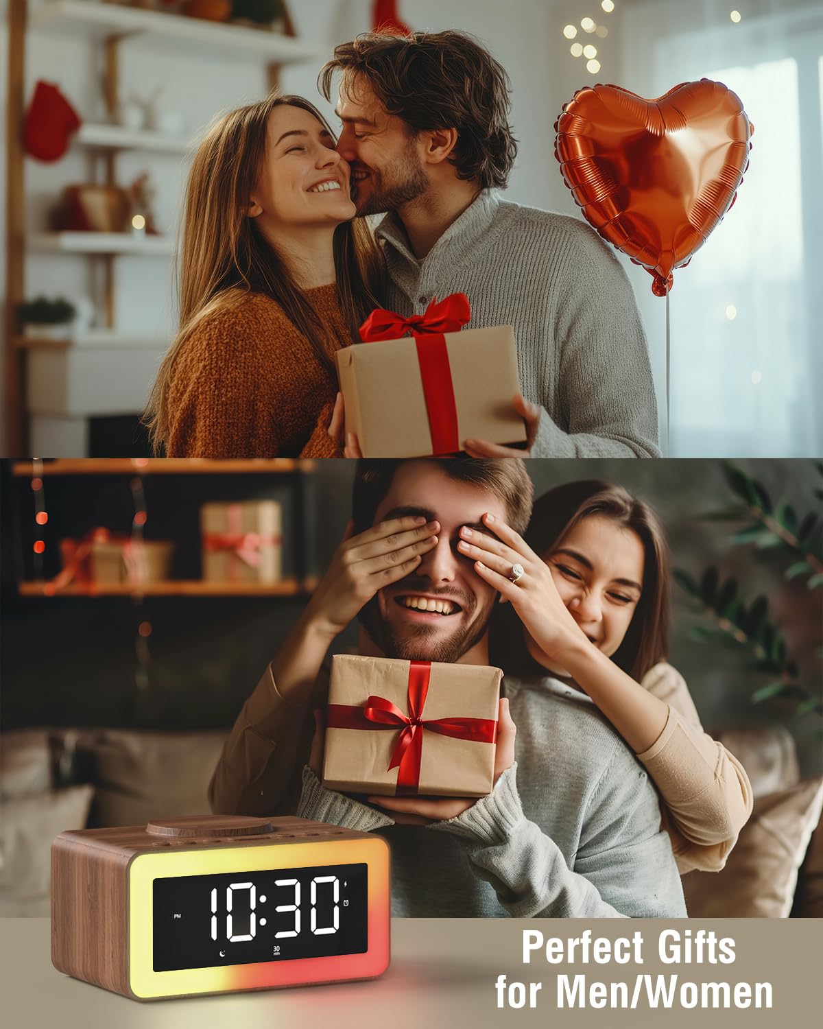 Alarm Clock with Wireless Charging, White/Brown Noise Sound Machine, Bluetooth Speaker Night Light, Wooden Digital Alarm Clocks for Bedrooms,Wireless Charger for iPhone, Birthday Gifts for Men Women