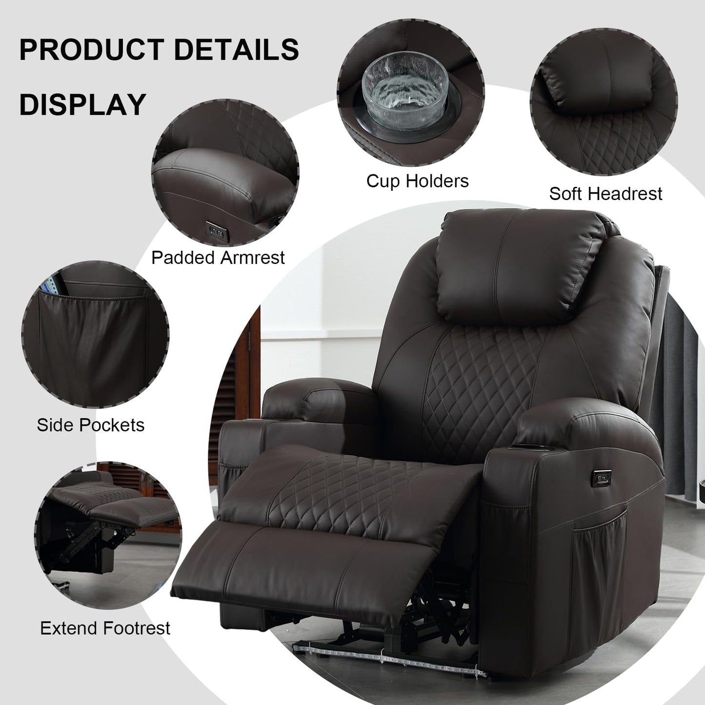 IBTKIG Power Recliner Chair with Heat and Massage, PU Leather Home Theater Seating with LED Lights/Cup Holders/Side Pocket/USB Port, Reclining Sofa Chair for Living Room (1, Brown)