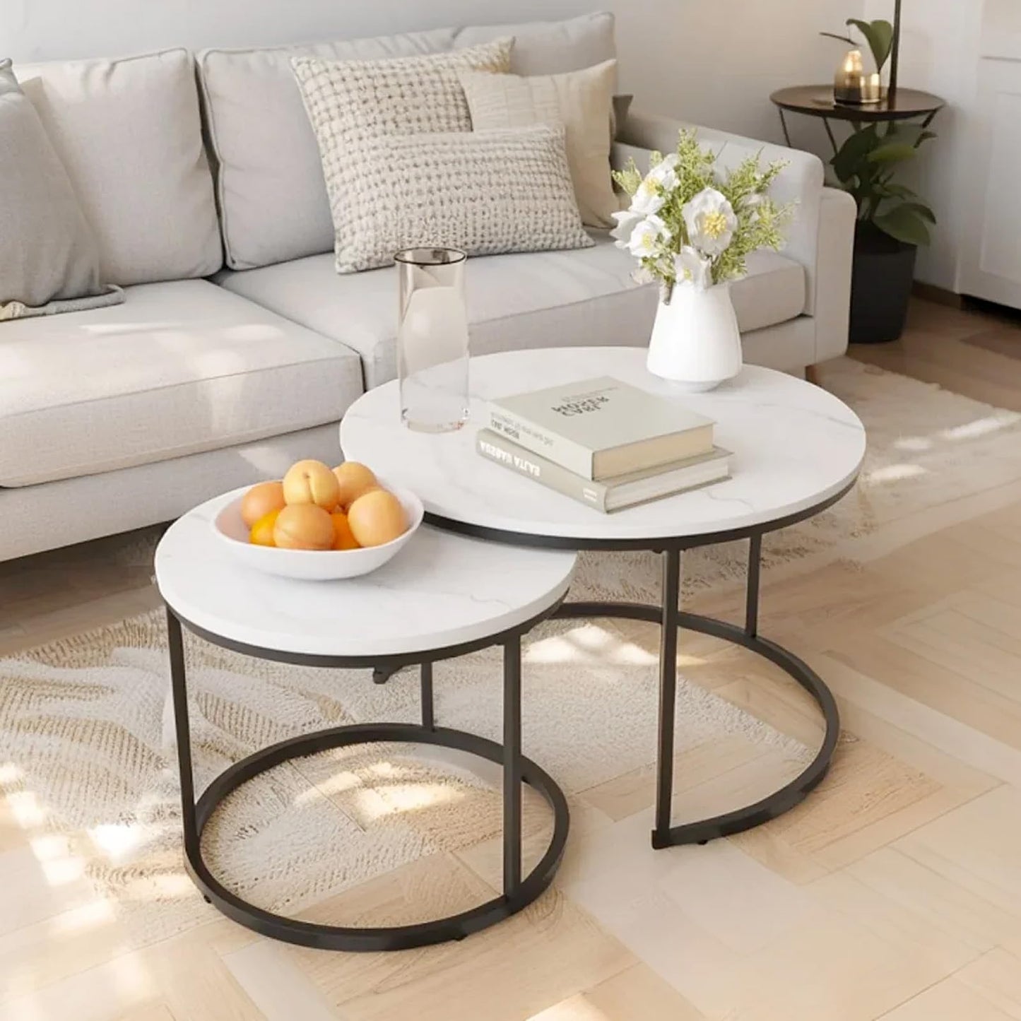 Nesting Coffee Table Set of 2 Marble Pattern with Sturdy Metal Frame Round Side Tables for Living Room and Bedroom (White)