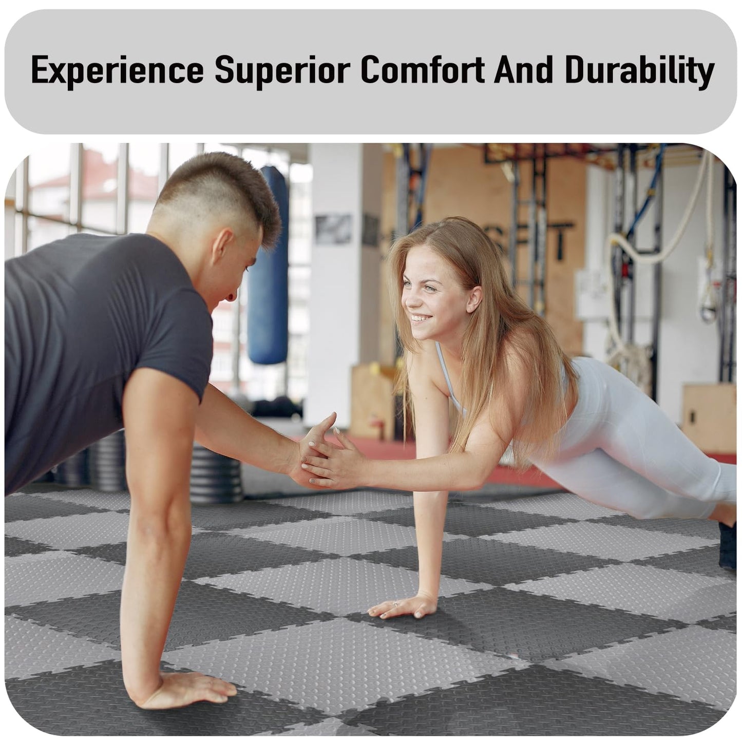 AIRHOP Upgraded 0.79" Extra Thick 48 Sq Ft High-Density Eva Foam Exercise Gym Mats, 12 Pcs Large Interlocking Puzzle Floor Tiles (24"x24") for Home Gym, Black&Gray