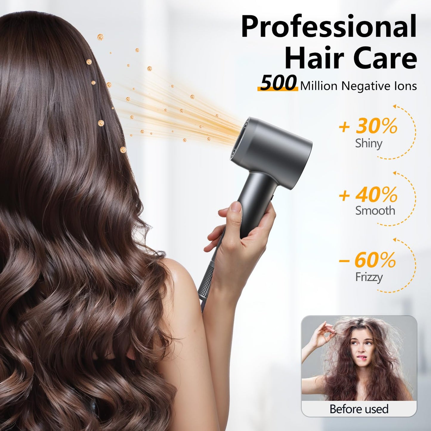 High-Speed Hair Dryer - 3 Min Fast Drying, Salon-Grade Blow Dryer with 500 Million Negative Ions, No Heat Damage, Low Noise, Lightweight, Professional Hairdryer with Diffuser & Nozzle, Gunmetal