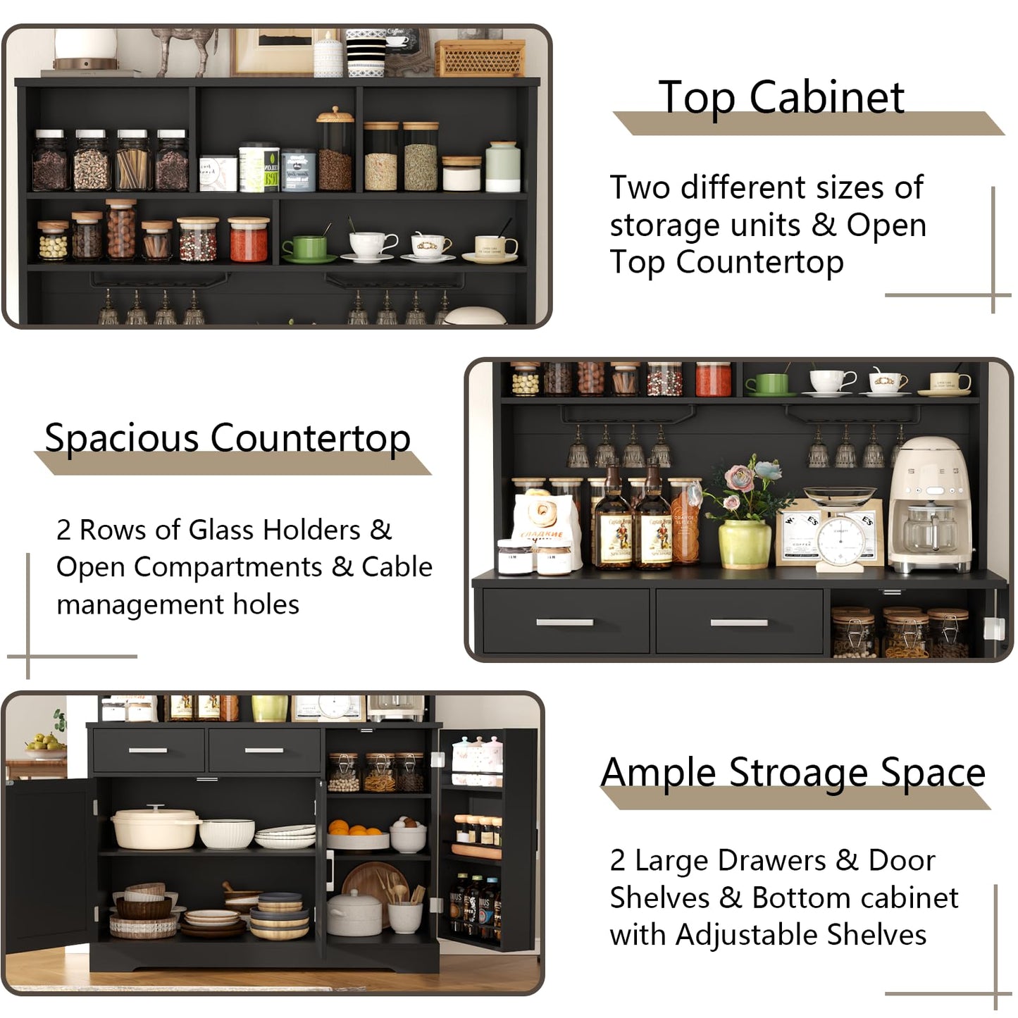 Kitchen Pantry Storage Cabinet with 2 Drawers, Tall Kitchen Hutch Cabinet with Microwave Shelf, Modern Buffet Cabinets with Goblet Holders, Food Pantry with Adjustable Shelves for Dining Room, Black