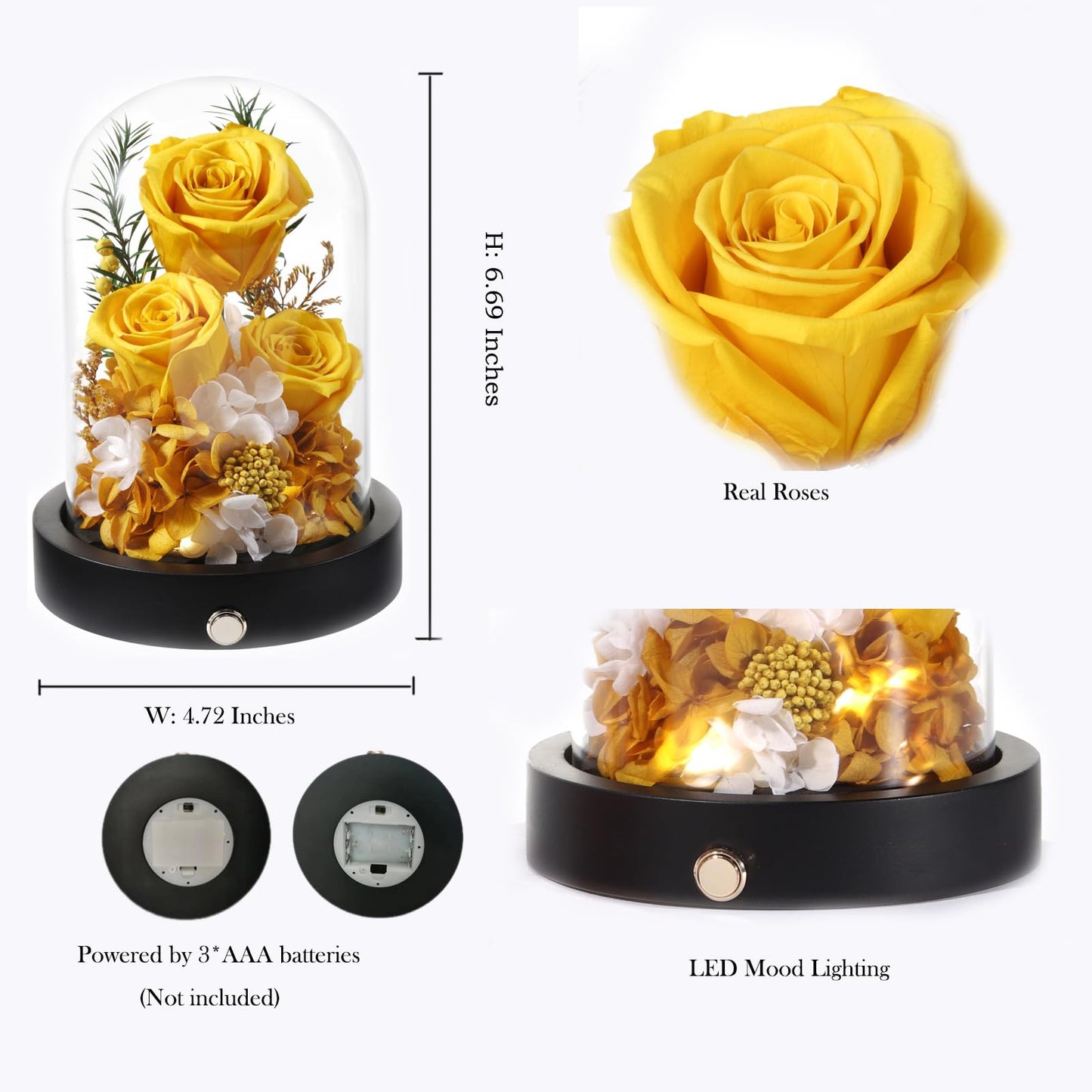 Pinnetetti Flowers for Delivery, 3 Yellow Forever Roses in Glass Dome with LED, Preserved Real Rose, Valentines Day Anniversary Birthday Mothers Day Flower Gifts for Mom Her Women Wife Mother
