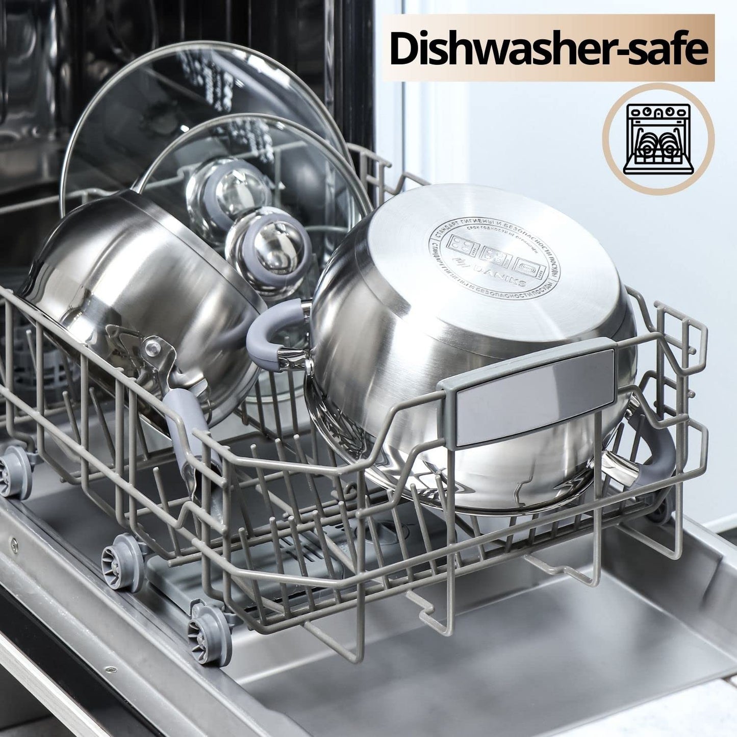 Daniks Modern 10-Piece Stainless Steel Induction Cookware Set – Dishwasher Safe Saucepan, Pots with Heatproof Handles, Glass Lids, Silver