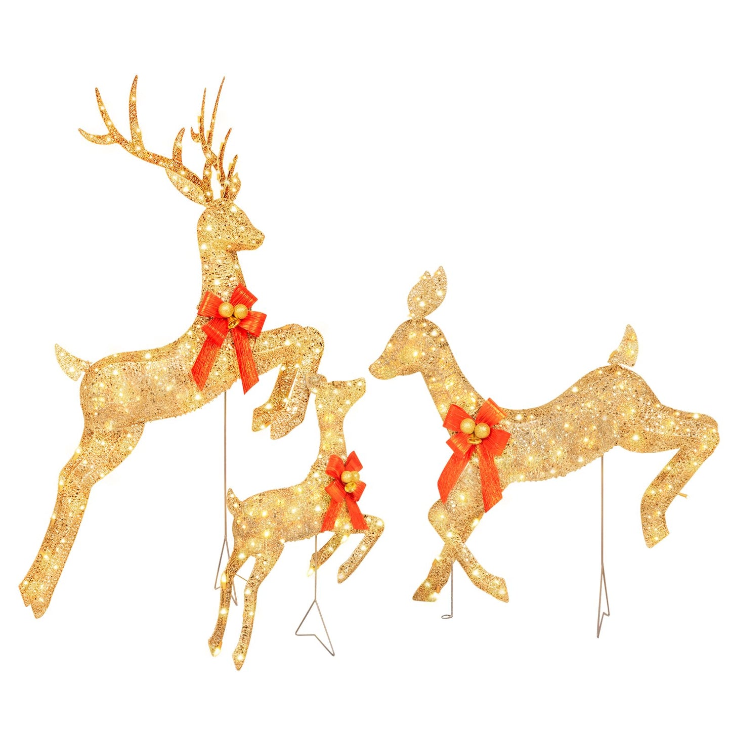 NALONE 4.7 FT Large 3 Pieces Lighted Reindeer Christmas Decoration with 210 Warm White LED Lights, Pre-lit 3D Christmas Deer Family Set Decor Outdoor Yard with Stakes, Bow Ties, Mat