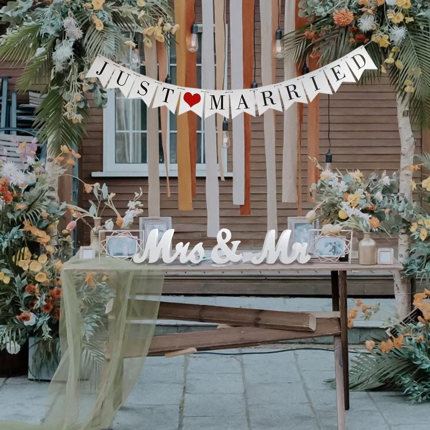 Large White Wooden Mr & Mrs Sign with Just Married Banner White Sweetheart Table Decorations & Photo Props for Anniversary Parties