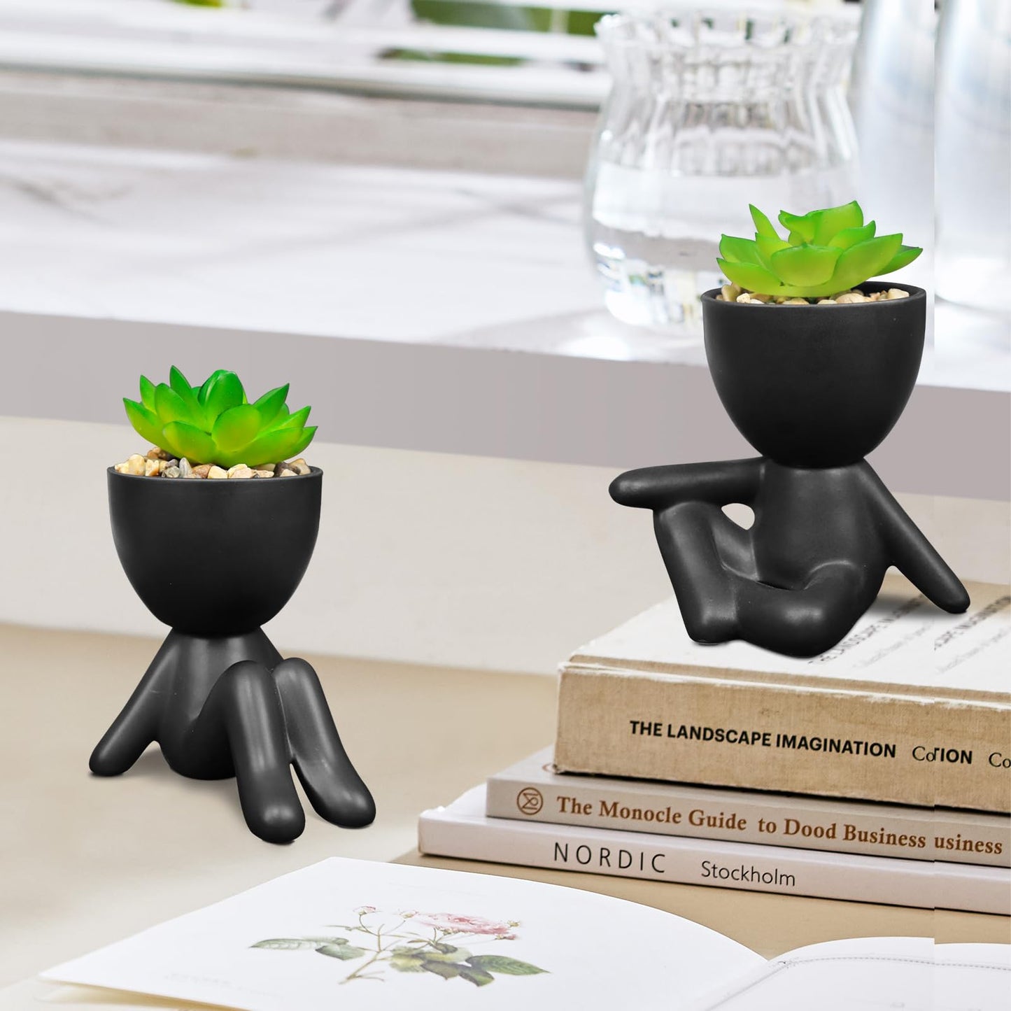 SEMSOIIO Pack of 4 Black Cute Fake Plants, Artificial Succulent Plants with Creative Human Shaped Pots,Mini Potted Desk Plants for Office Bathroom Shelf Cubicle Home Decor (Matte Black)