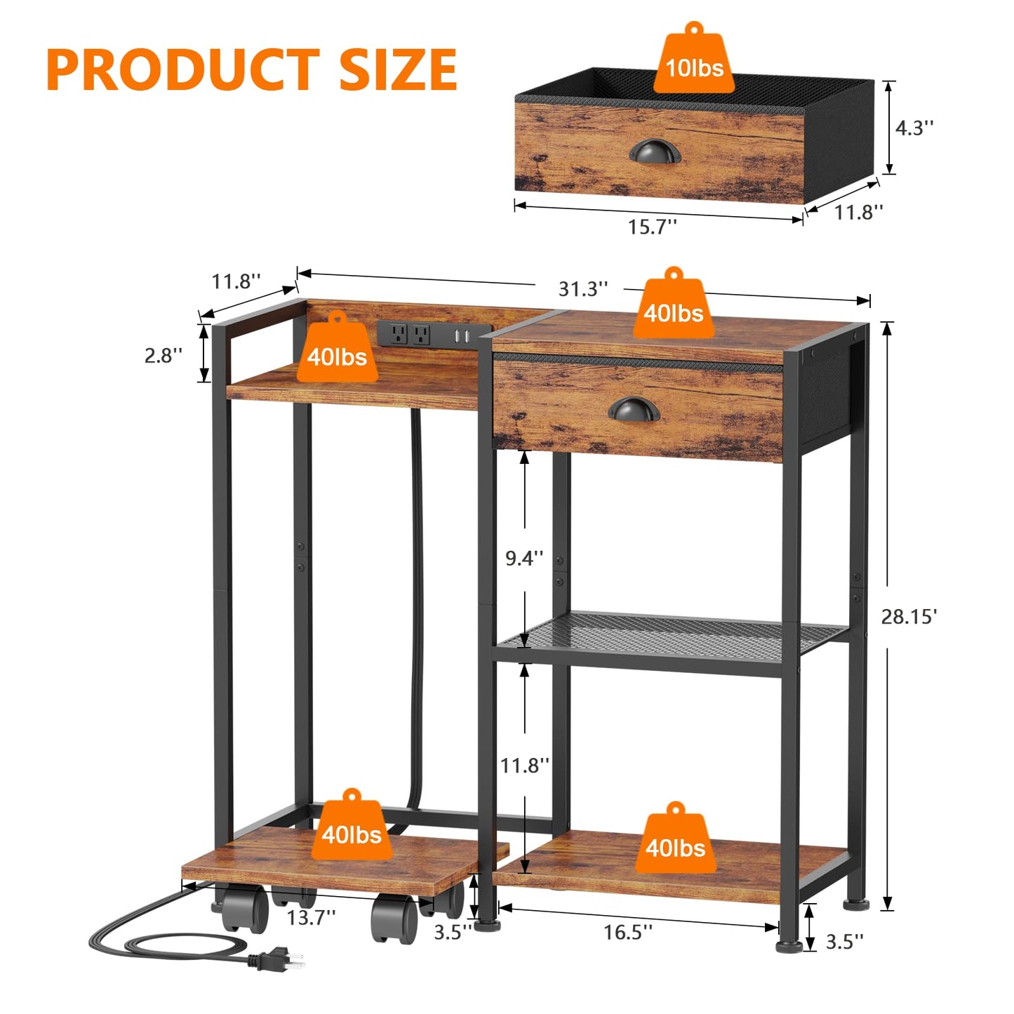 Furologee Printer Stand with Storage Drawer,Printer Table with Charging Station and USB Port,Industrial 3 Tier Shelf, Shredder Stand with Wheels,for Home Office,Rustic Brown