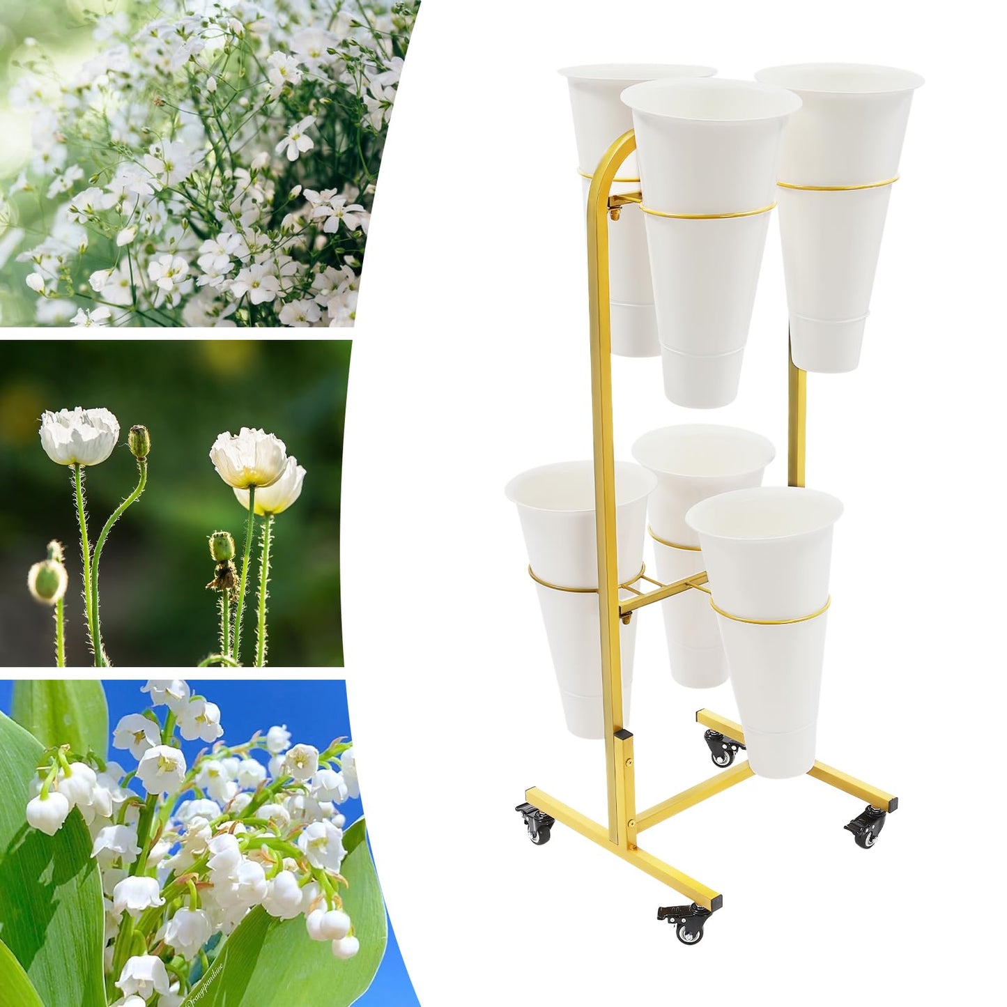 Nozue Flower Display Stand, 2Layers Metal Plant Stand with Wheels, with 6pcs Buckets, Portable Plant Moving Cart Frame for Indoor, Florist, Living Room (Gold - White Round Bucket)