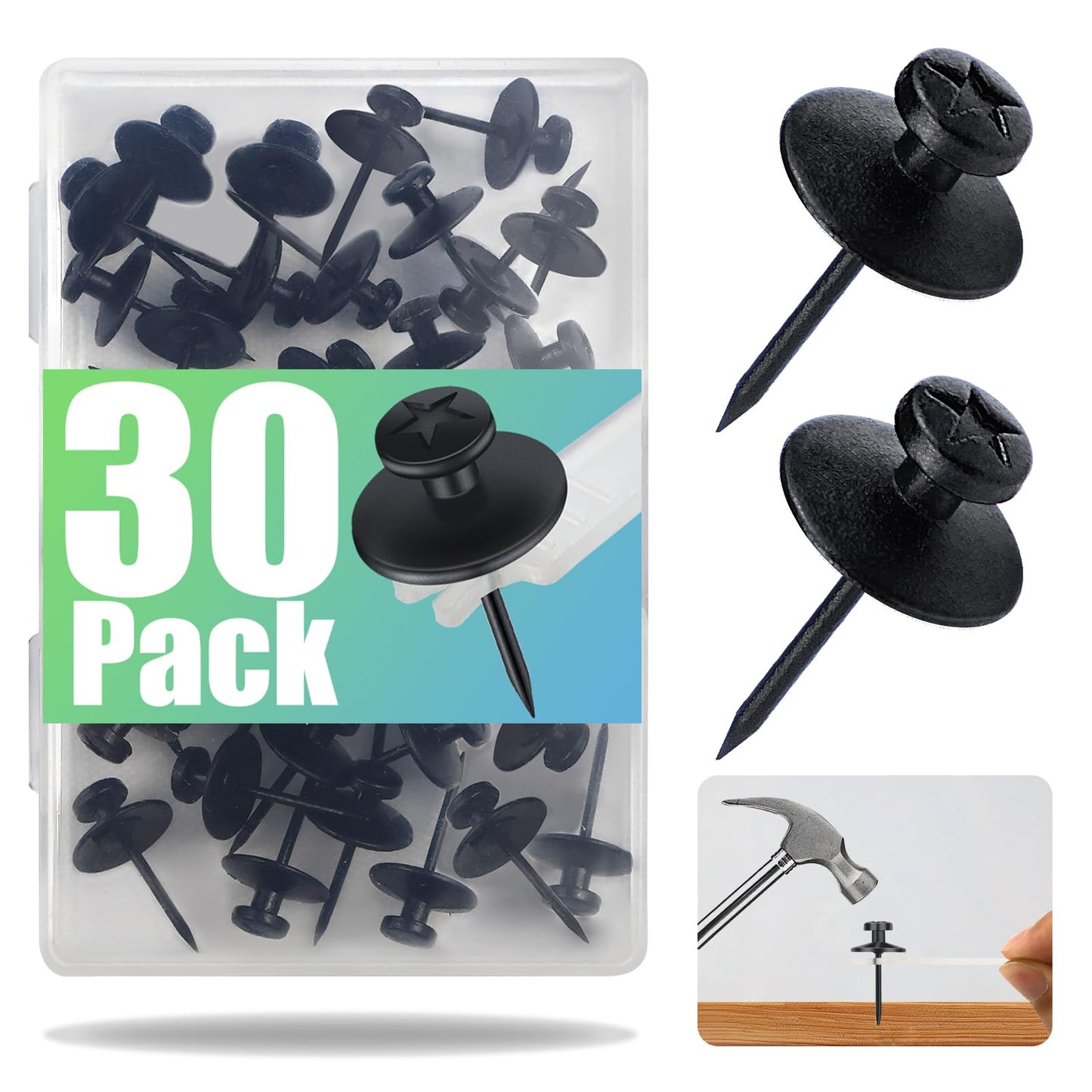 30 Pack Double Headed Picture Hanging Nails, Thumb Tacks, Push Pins for Wall Hangings, Wall Hooks for Home Office Photo Decor, Black