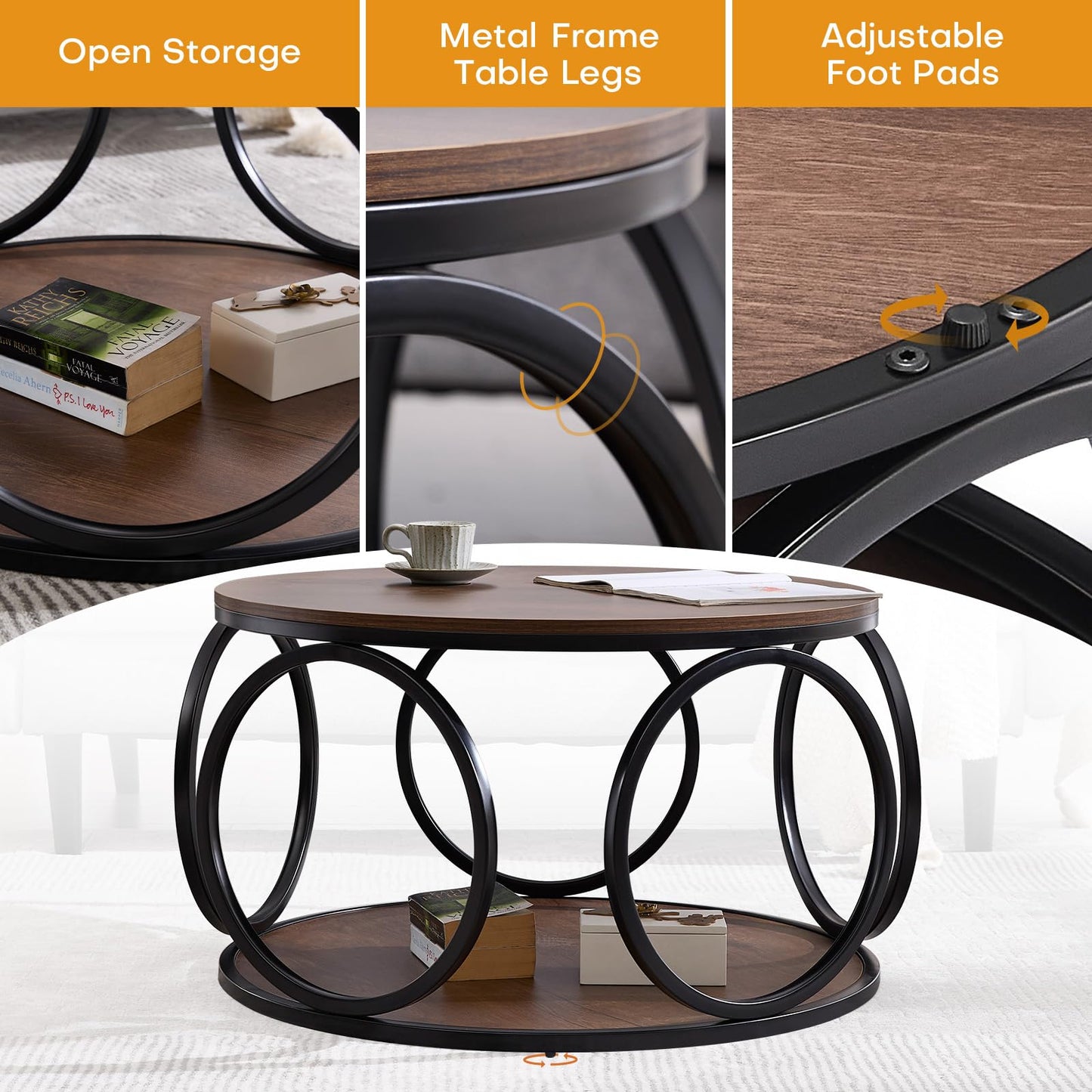 BECHAEO 31.5" 2 Tier Industrial Round Coffee Table, Modern Round Wood Coffee Table with Sturdy Circle Metal Frame for Living Room Home Furniture, Classic Walnut