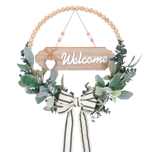 Welcome Wreaths for Front Door - 12 Inch Wood Beaded Lambs Ear Door Wreath with Bow for All Seasons Outdoor, Boho Greenery Wreath Welcome Sign for Farmhouse Home Housewarming Decor Window Indoor