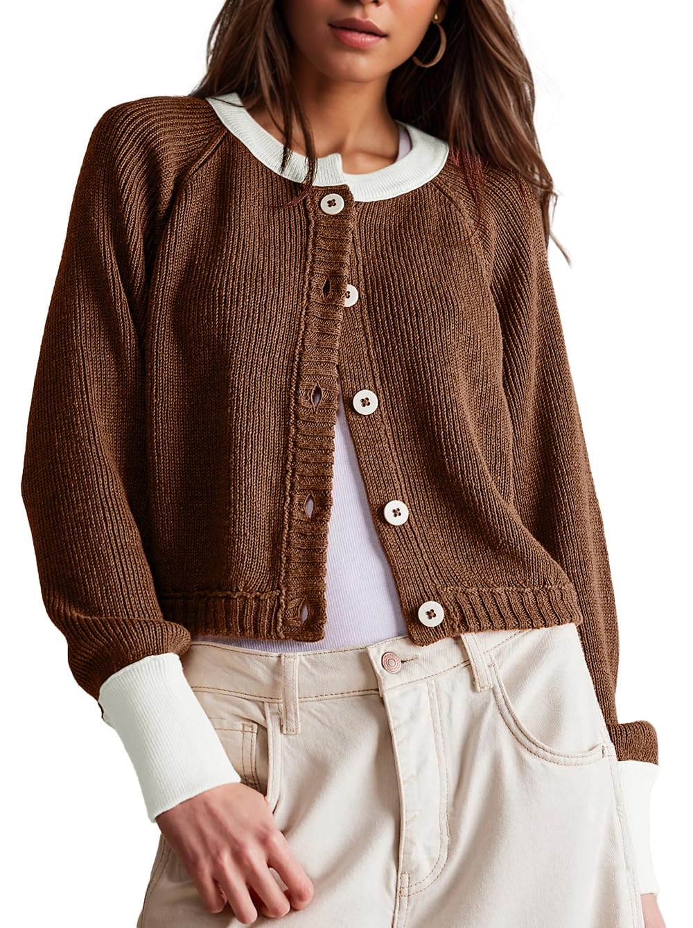 Women's Cropped Cardigan Sweaters Fall Long Sleeve Open Front Cardigans Button Down Color Block Crewneck Knit Outwear Coats Brown