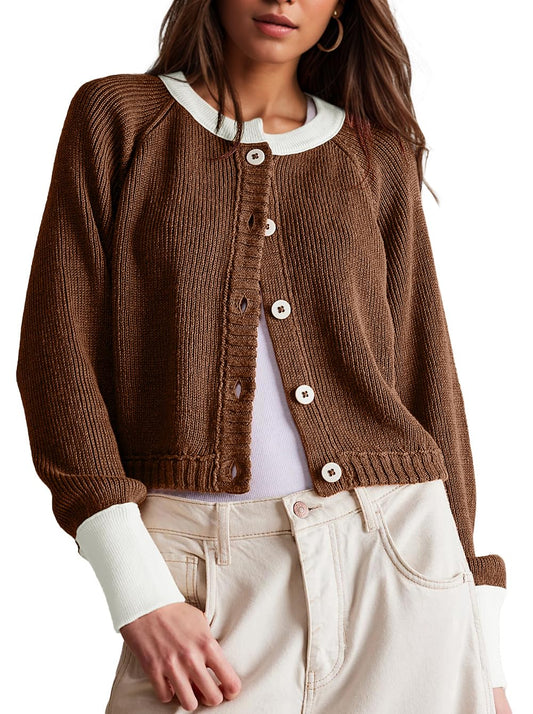Women's Cropped Cardigan Sweaters Fall Long Sleeve Open Front Cardigans Button Down Color Block Crewneck Knit Outwear Coats Brown