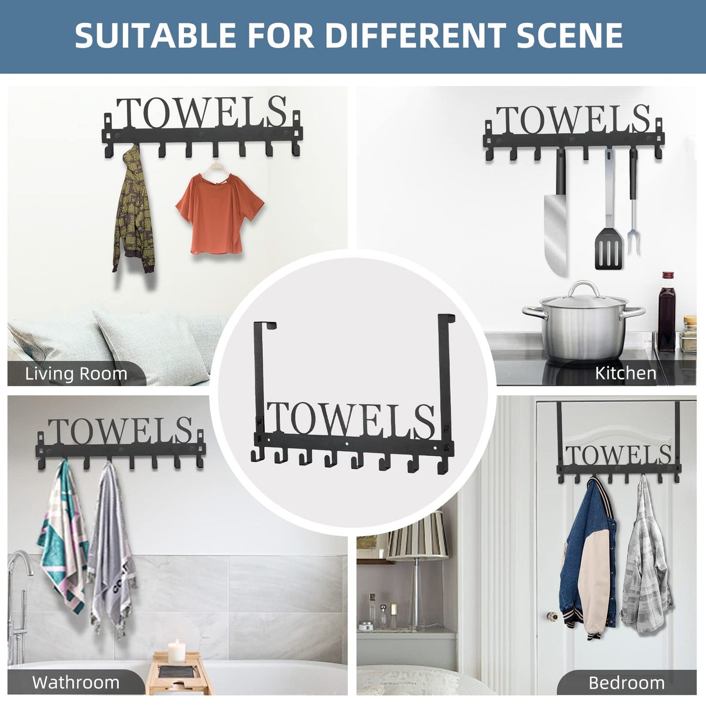 Azmoncy Over The Door Hooks, Towel Rack for Bathroom Towel Holder for Hanging Heavy Duty, Wall Mount Towel Hanger with 8 Hooks for Bedroom Bathroom Pool Kitchen Towels, Bag, Coats, Black