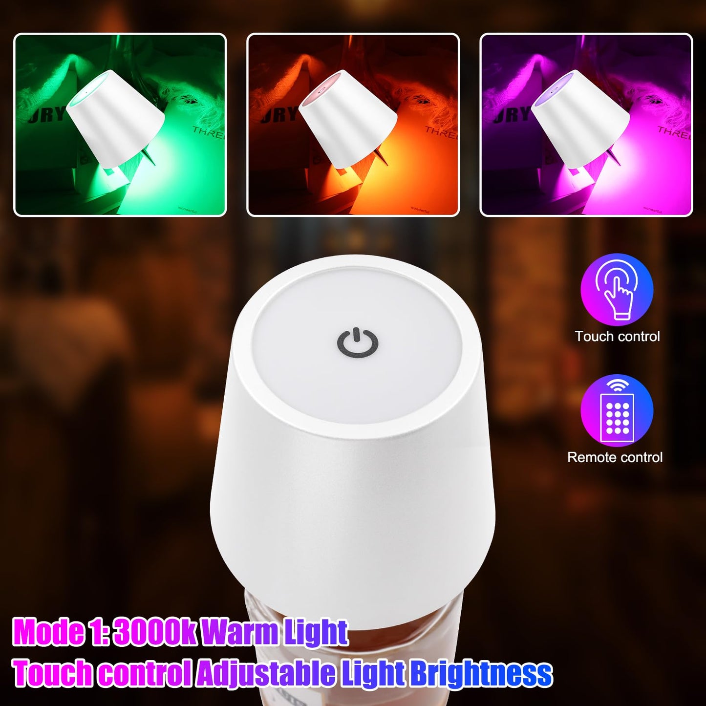 Wireless Bottle Lamp with Remote Control, Rechargeable RGB Wine Bottle with 3Modes Light Dimming, Waterproof Touch Lamp Head for Room, Bar, Restaurant and Party Decorations(RGB White)