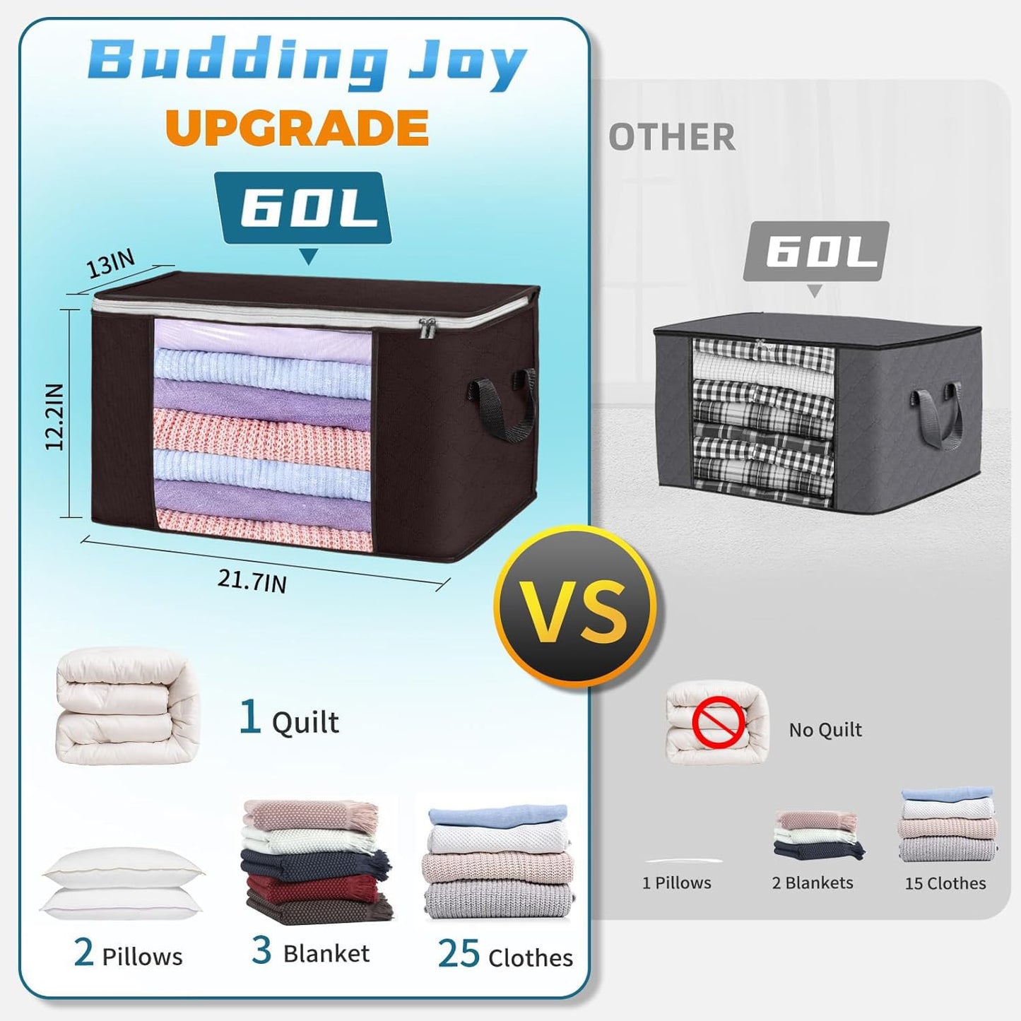 Budding Joy Clothes Storage, Foldable Large Storage Bags, Storage and Organization for Clothing, Blanket, Comforter, Clothes, Pillows, Closet Organizers with Enhanced Handle, 60L 6 Pack Brown