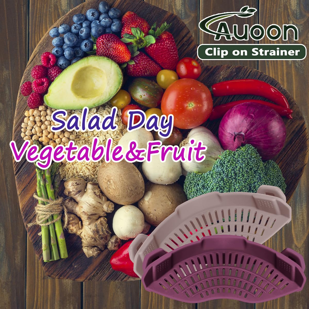 AUOON Clip on Strainer for Pots and Pans - Silicone Food Strainer for Draining Pasta, Spaghetti, Noodles, Fruits, Vegetables, Grease, Ground Beef (Almond Rose)