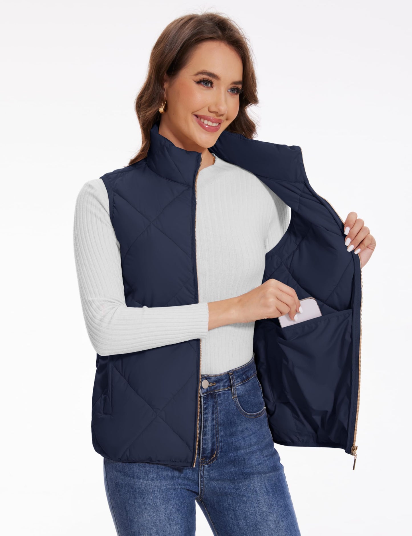 YUCOLEN Womens Quilted Vest 4 Pockets Zip Up Puffer Vests Lightweight Sleeveless Winter Warm Stand Collar Puffy Jacket Padded Outerwear Navy blue XL