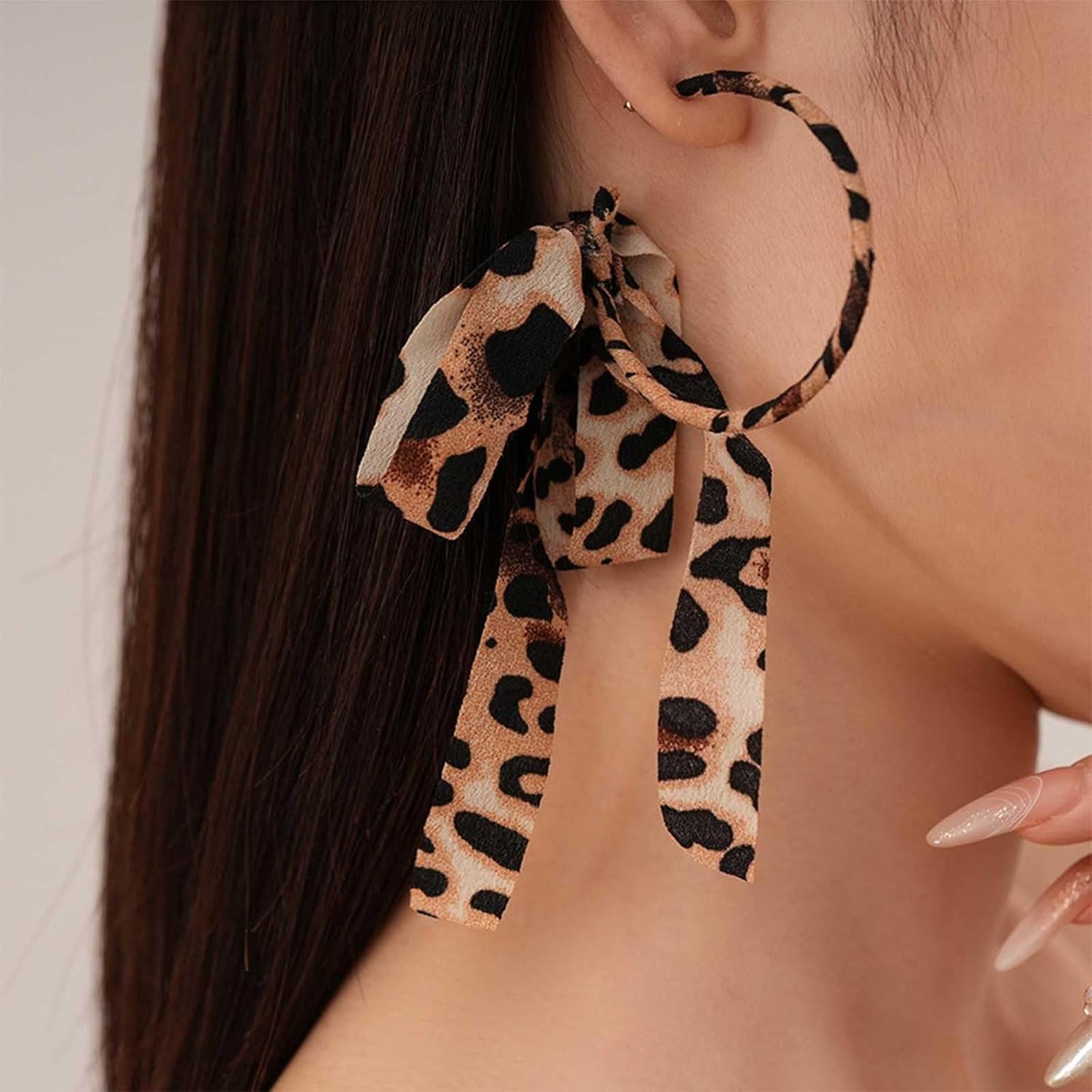 Vintage Large Leopard Ribbon Dangle Hoop Earrings Jewelry for Women
