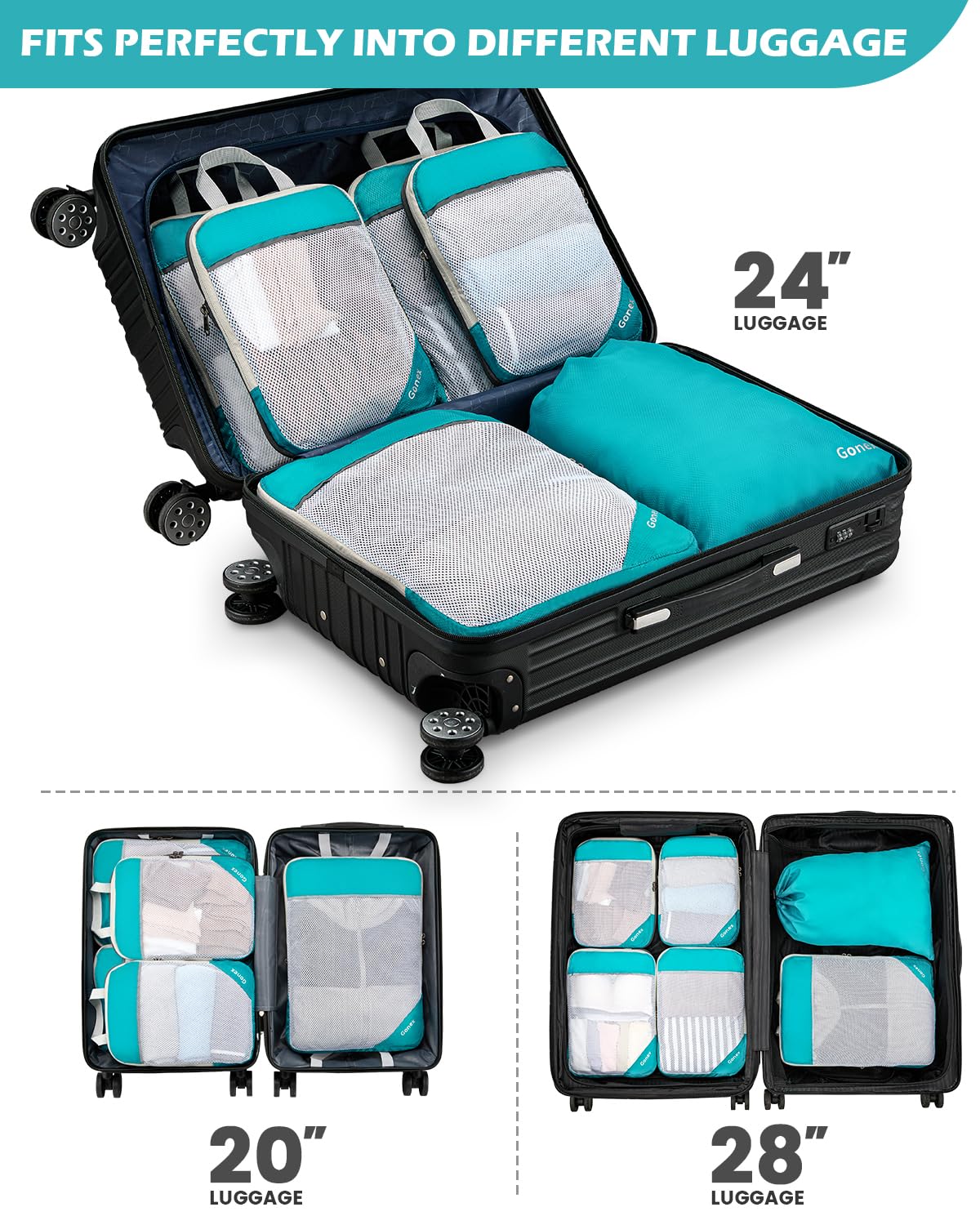 Gonex Compression Packing Cubes Mesh Organizers 1L+2M+2S+Laundry Bag Blue