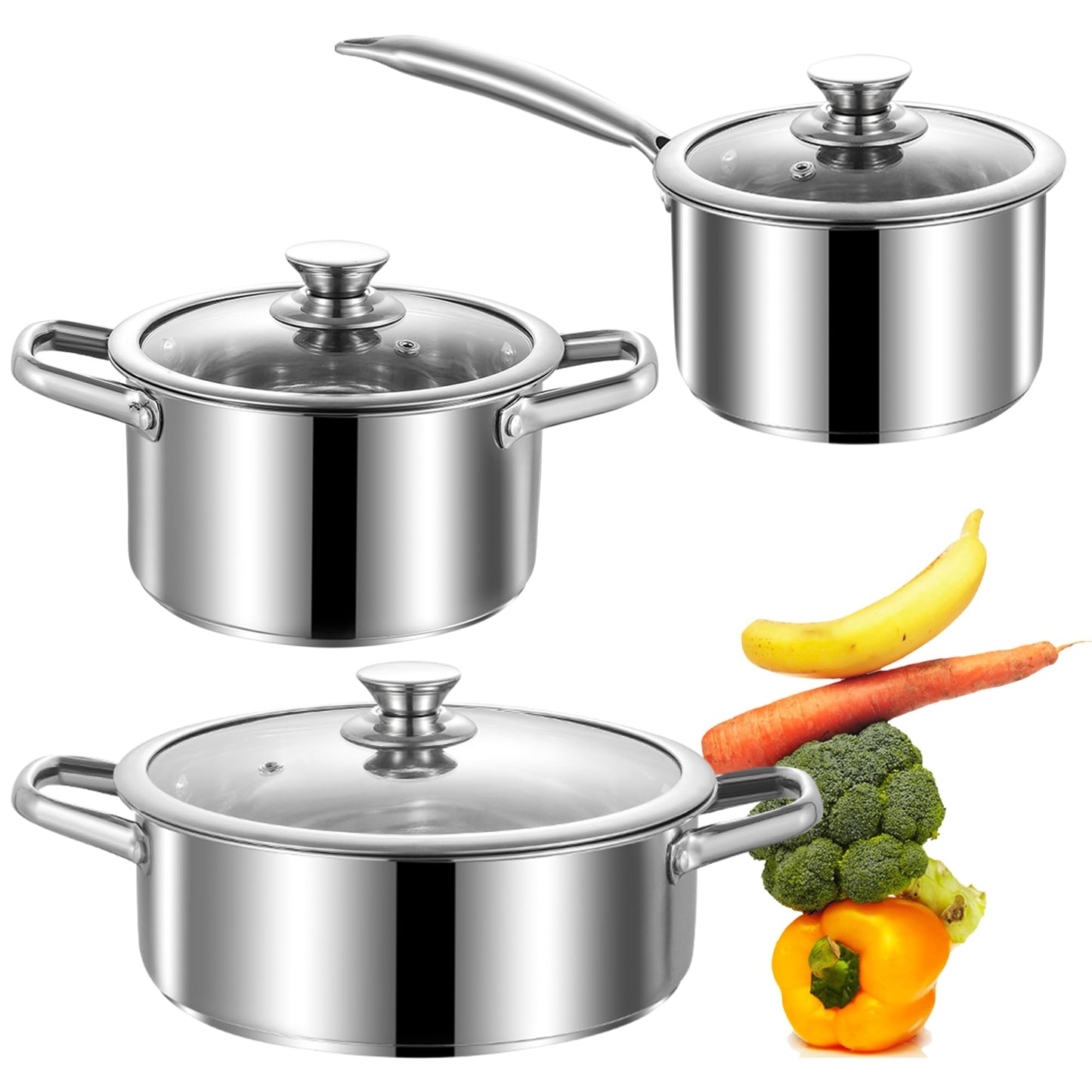 SHEUMNT Stainless Steel pots and pans set, 6 Piece Nonstick Induction Kitchen Cookware Set, Works with Induction/Electric and Gas Cooktops, Nonstick, Oven Safe, Camping Cookware