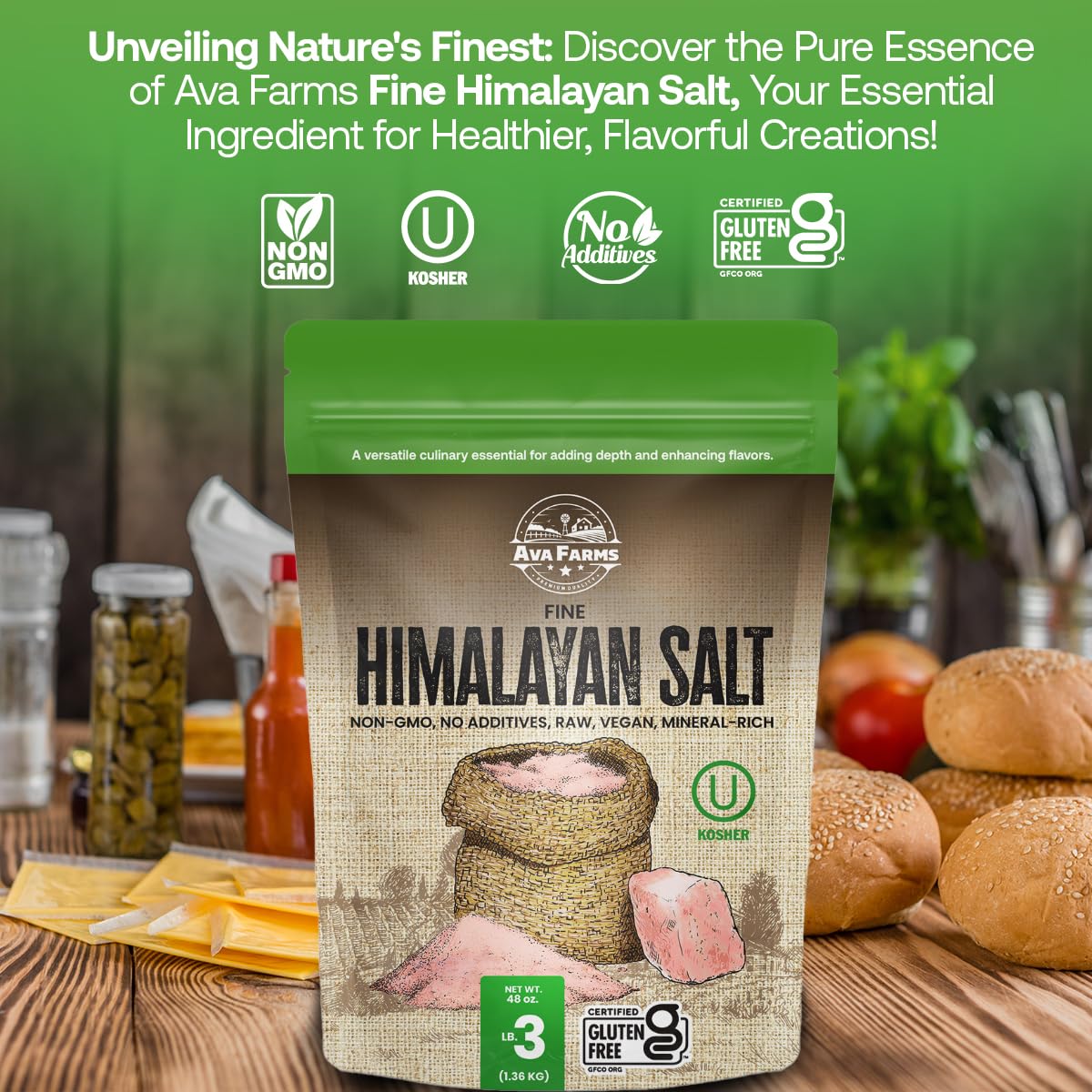 Ava Farms Himalayan Pink Salt - Fine – 3 Lb. - Gluten-Free, Non-GMO, Vegan, Raw, Kosher, Mineral Rich – Resealable Bag