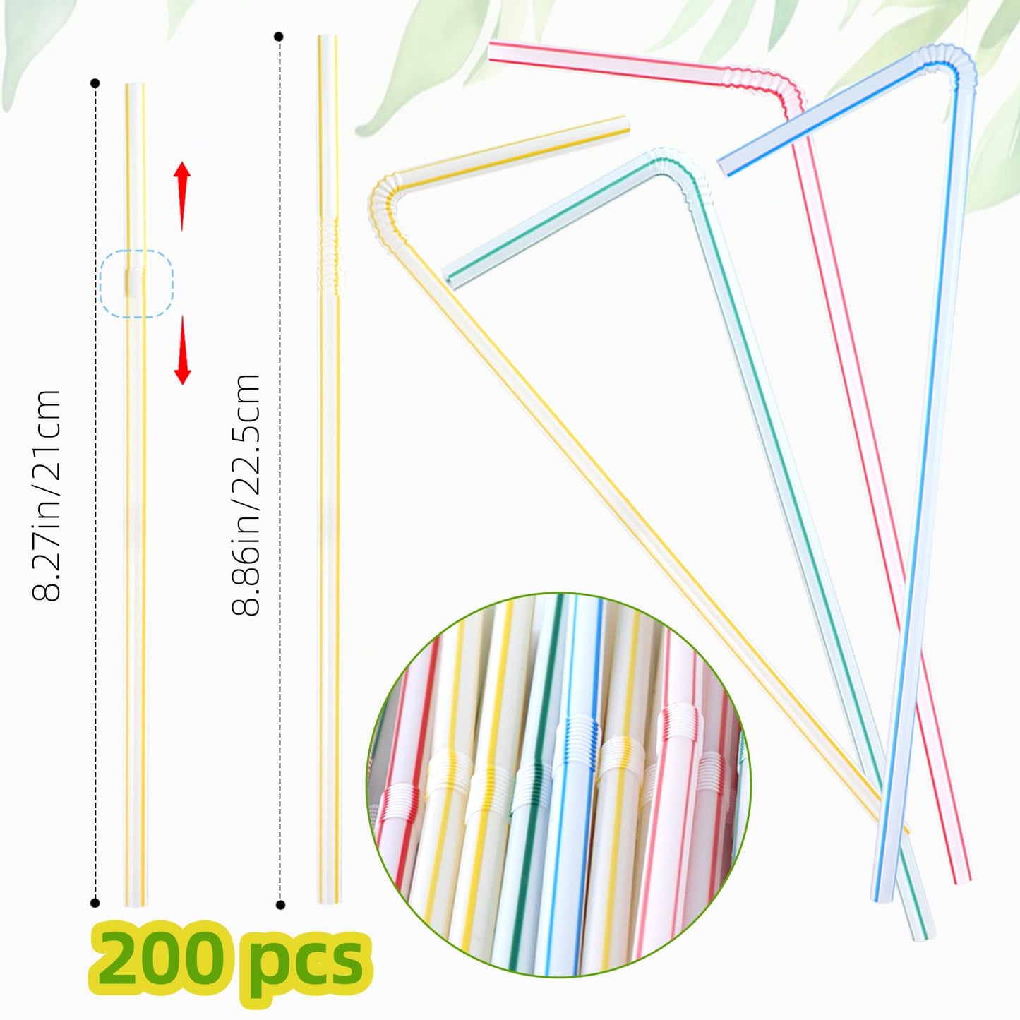 200 Pcs Plastic Disposable Straws,Flexible Plastic Straw,Bendable Disposable Drinking Striped Party Straw,Perfect for Home,Office,Birthday Party Use,Juice,Milkshake,Crafts